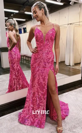 LP1403 - Spaghetti Straps Sleeveless Appliques Lace-Up Side Slit Sexy Prom Dress