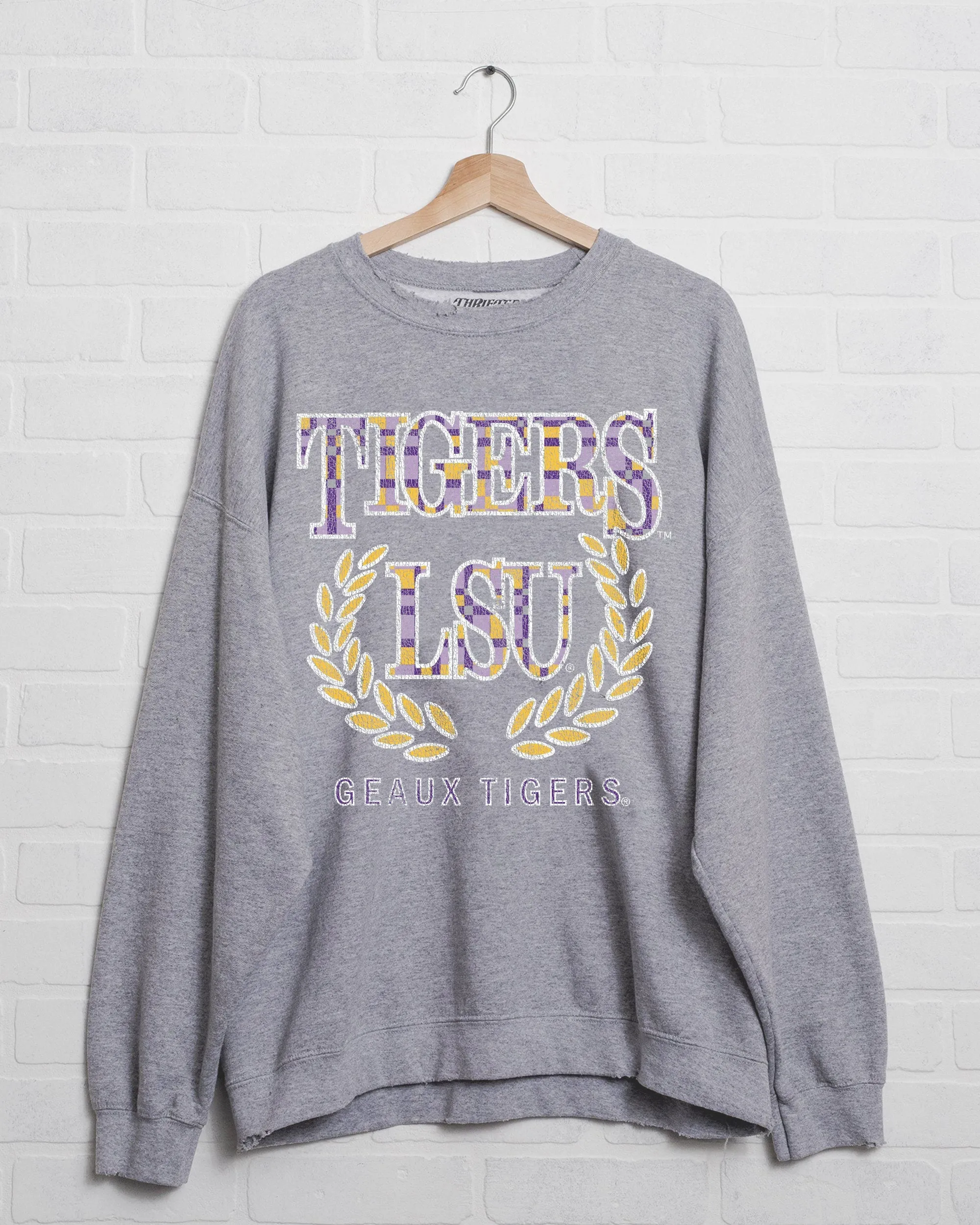 LSU Tigers Plaid Crest Gray Thrifted Sweatshirt