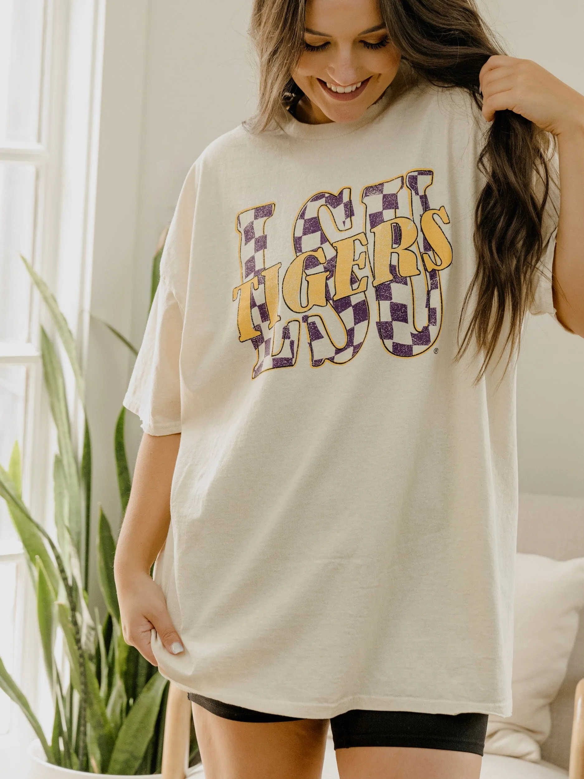 LSU Tigers Twisted Check Off White Thrifted Tee