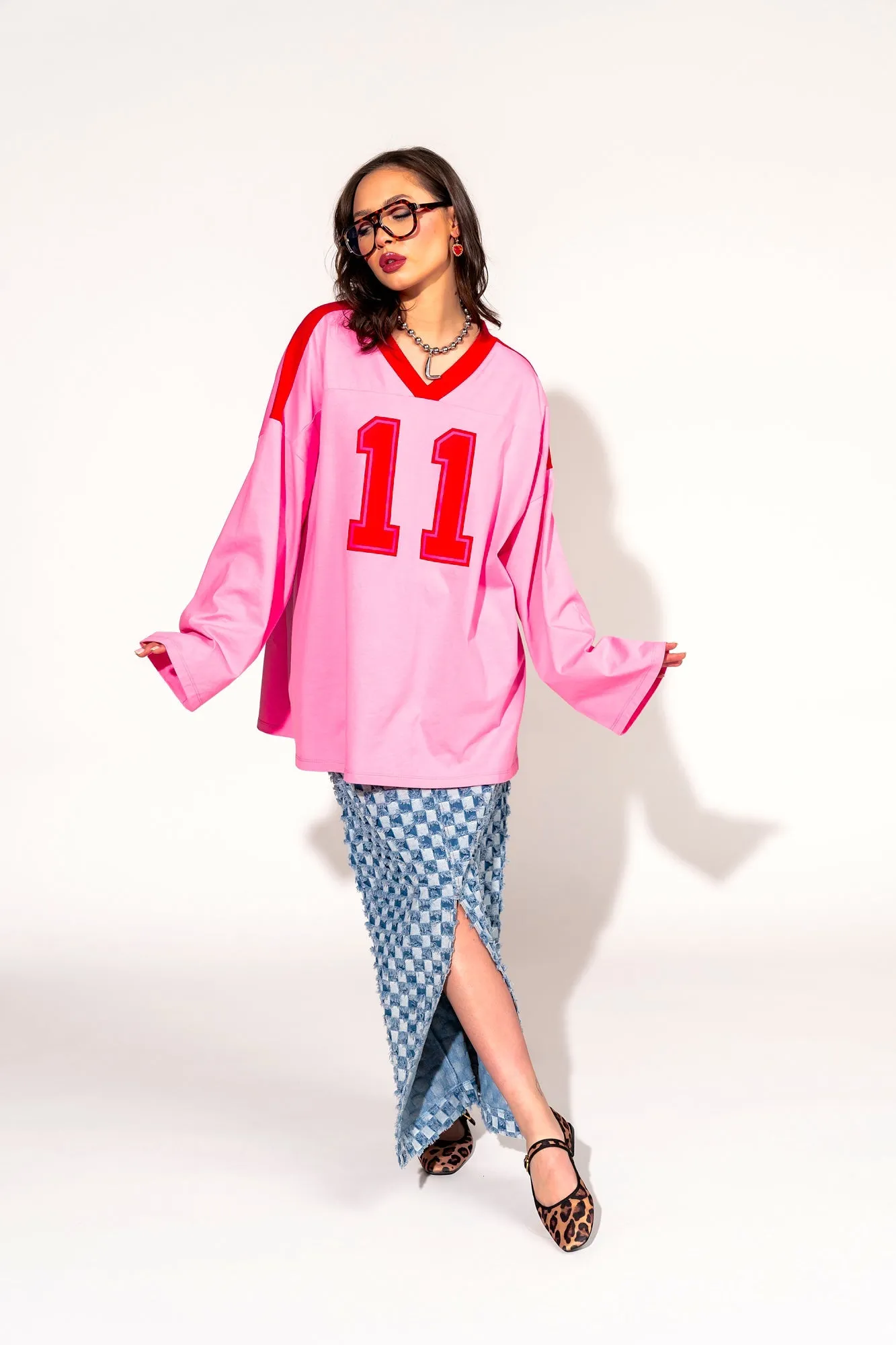 Lucky Oversized Jersey Tee in Red   Pink