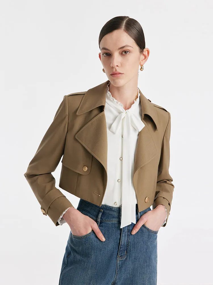 Machine Washable Wool Lapel Women Crop Trench Coat