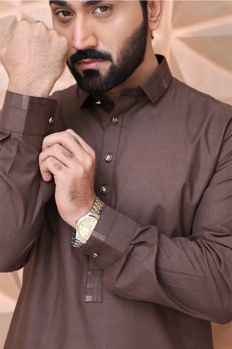 Men Textured Kameez Shalwar Brown