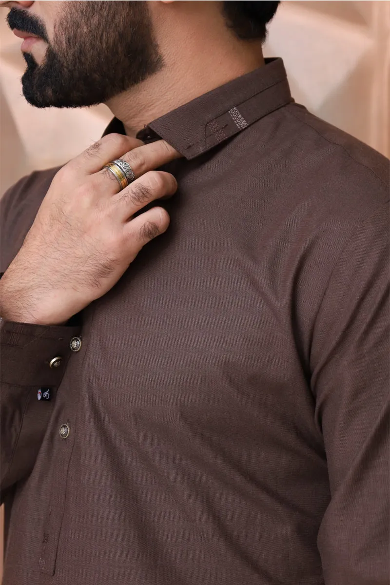 Men Textured Kameez Shalwar Brown