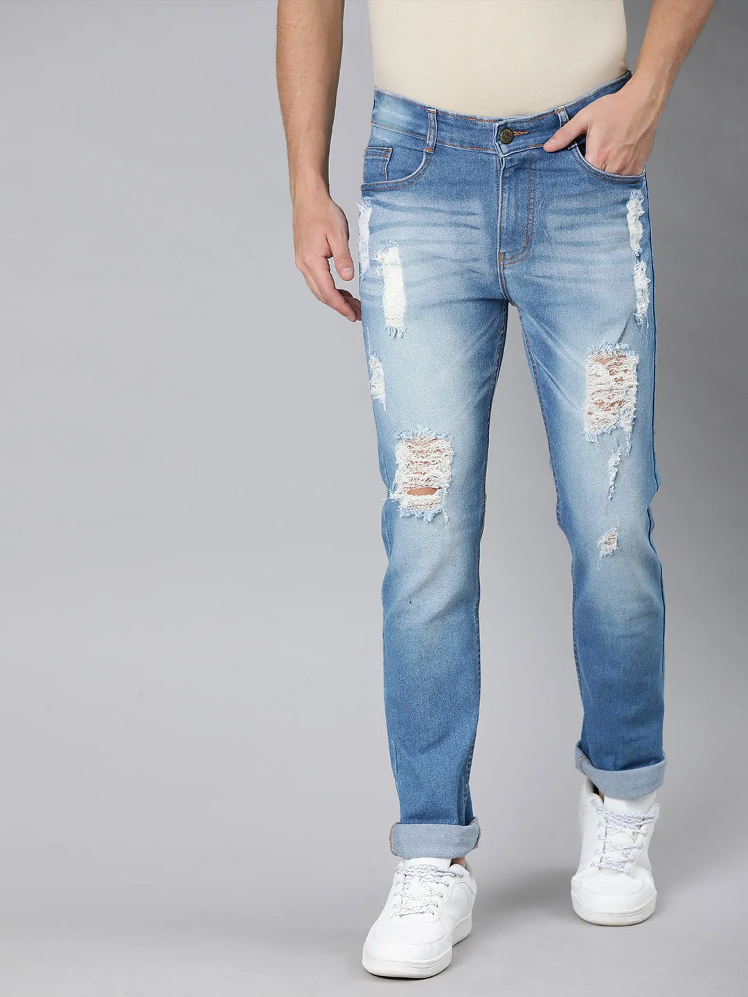 Men's Light Blue Slim Fit Heavy Distressed/Torn Jeans