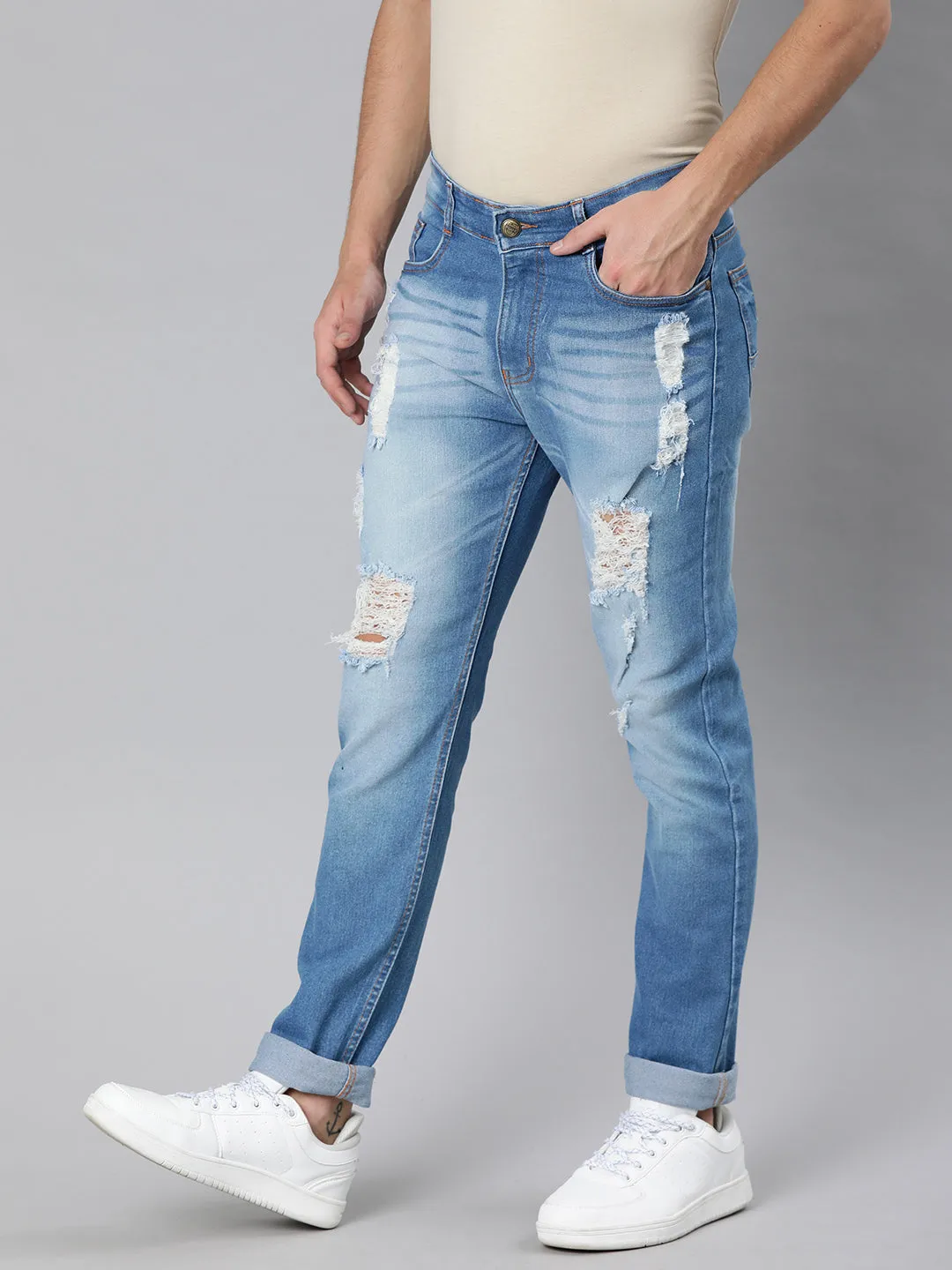 Men's Light Blue Slim Fit Heavy Distressed/Torn Jeans