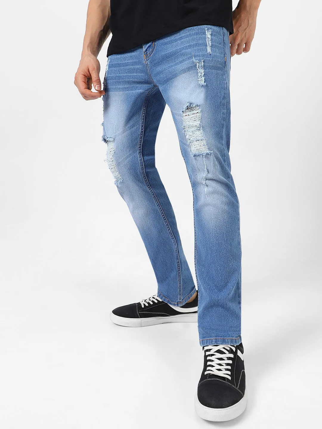 Men's Light Blue Slim Fit Heavy Distressed/Torn Jeans