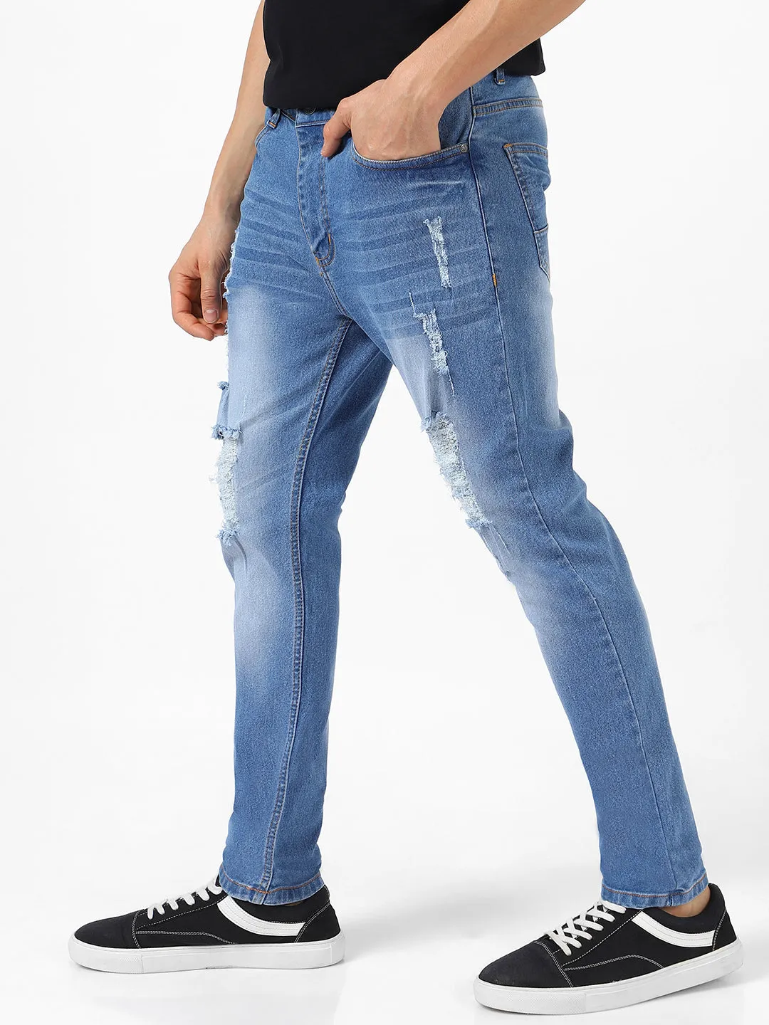 Men's Light Blue Slim Fit Heavy Distressed/Torn Jeans