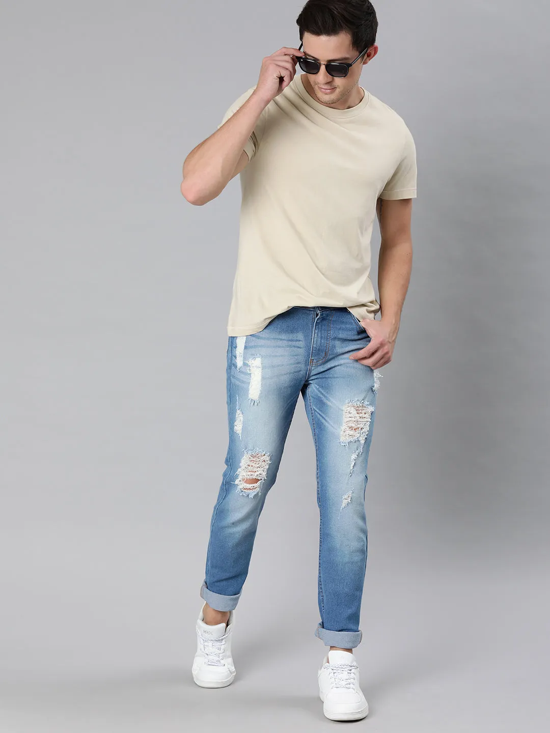 Men's Light Blue Slim Fit Heavy Distressed/Torn Jeans