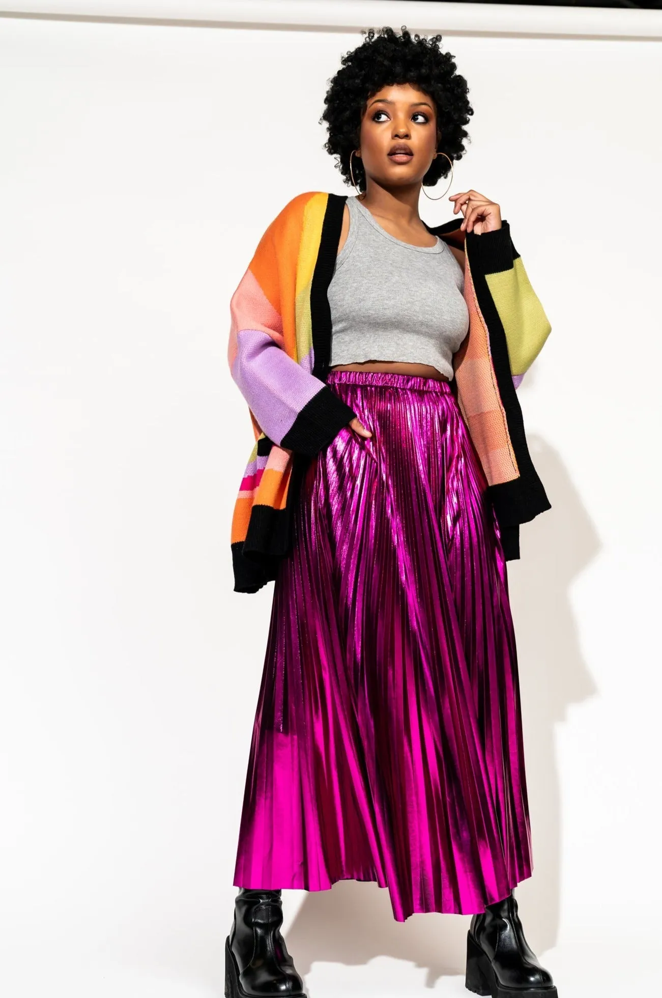 Metallic Pleated Midi Skirt in Cosmic Pink