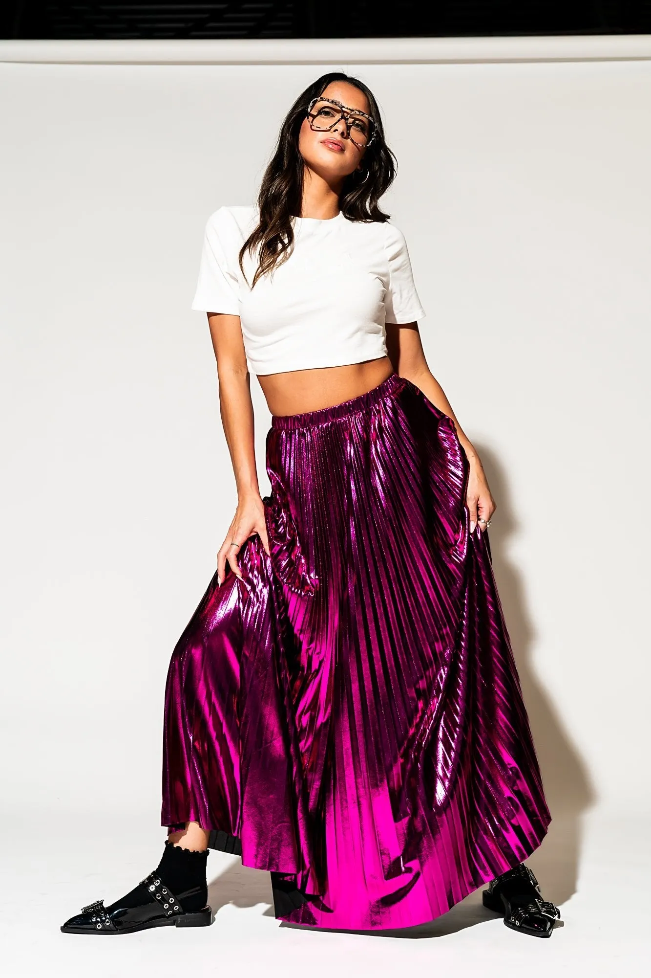 Metallic Pleated Midi Skirt in Cosmic Pink