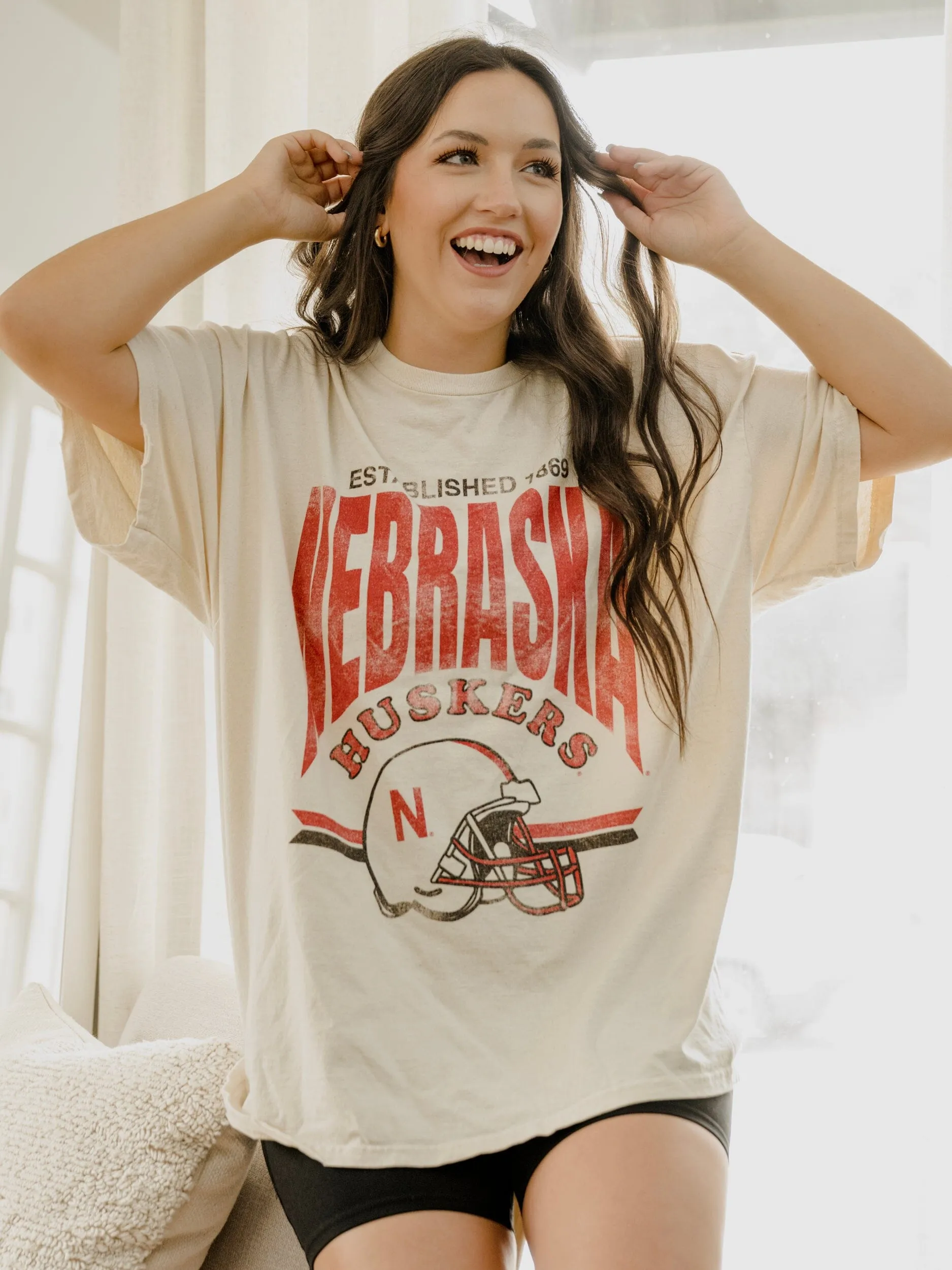 Nebraska Huskers Established Date Helmet Off White Thrifted Tee