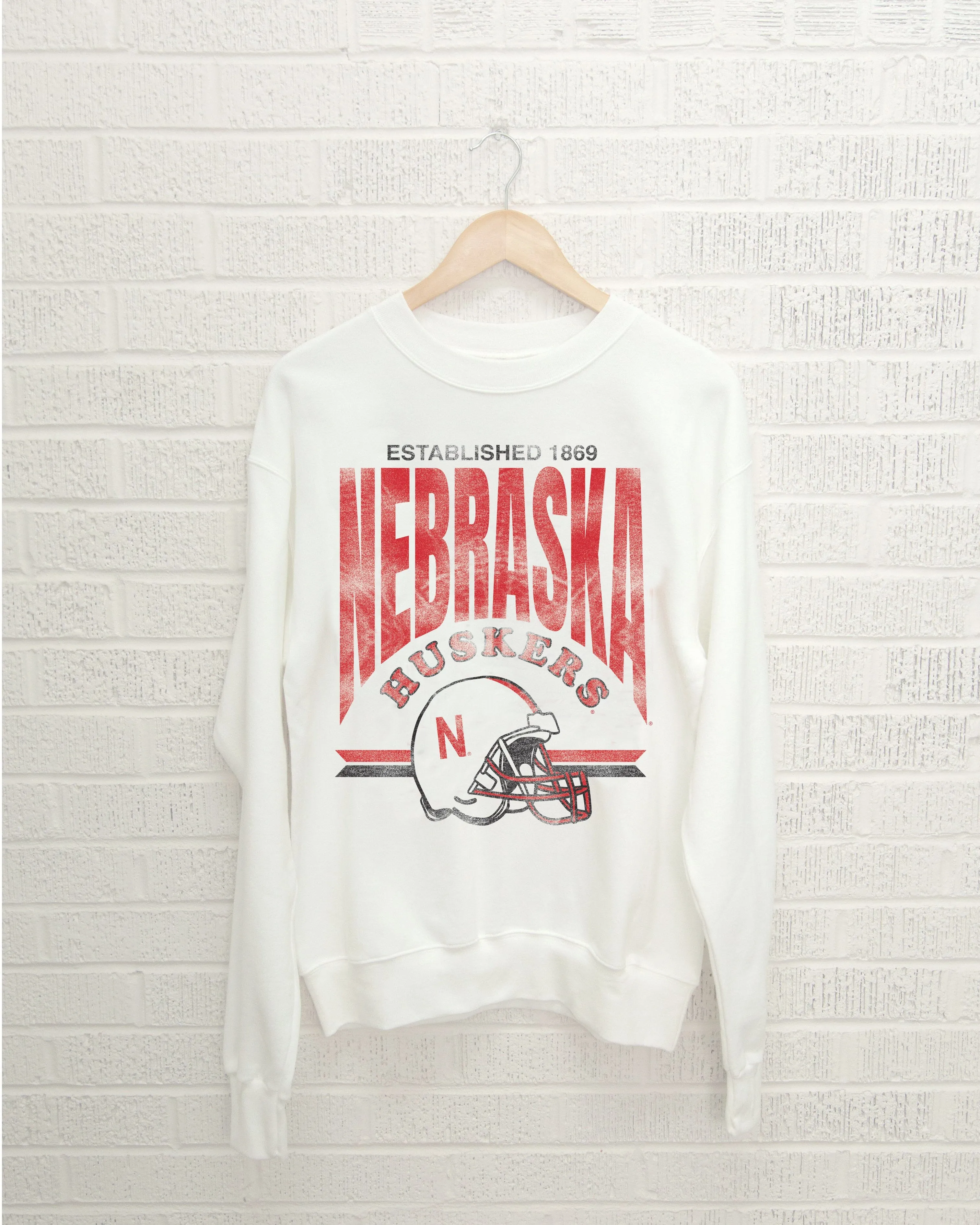 Nebraska Huskers Established Date Helmet White Thrifted Sweatshirt