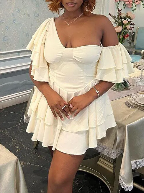 Off Shoulder Pleated Ruffle Sleeve Mini Dress