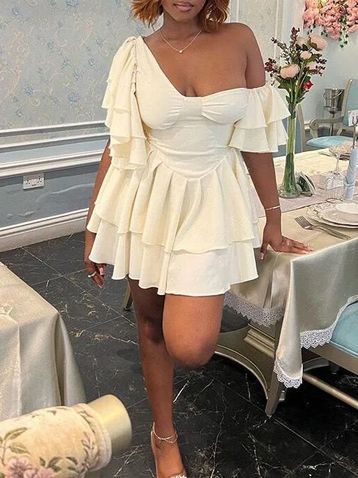 Off Shoulder Pleated Ruffle Sleeve Mini Dress