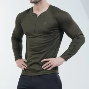 Olive Green Full Sleeve Quarter Zip Mesh Top