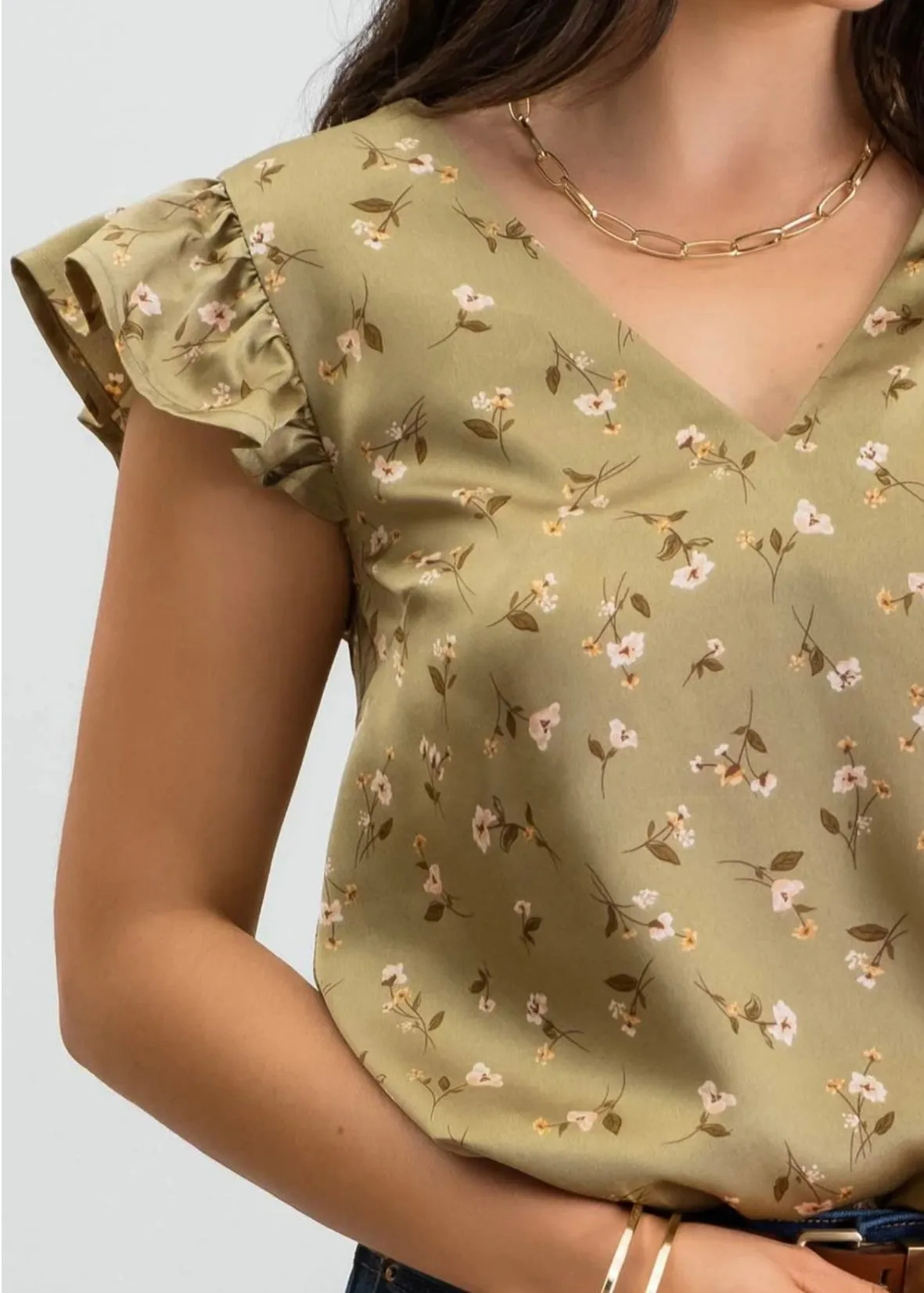 Olive Ruffle Floral Top