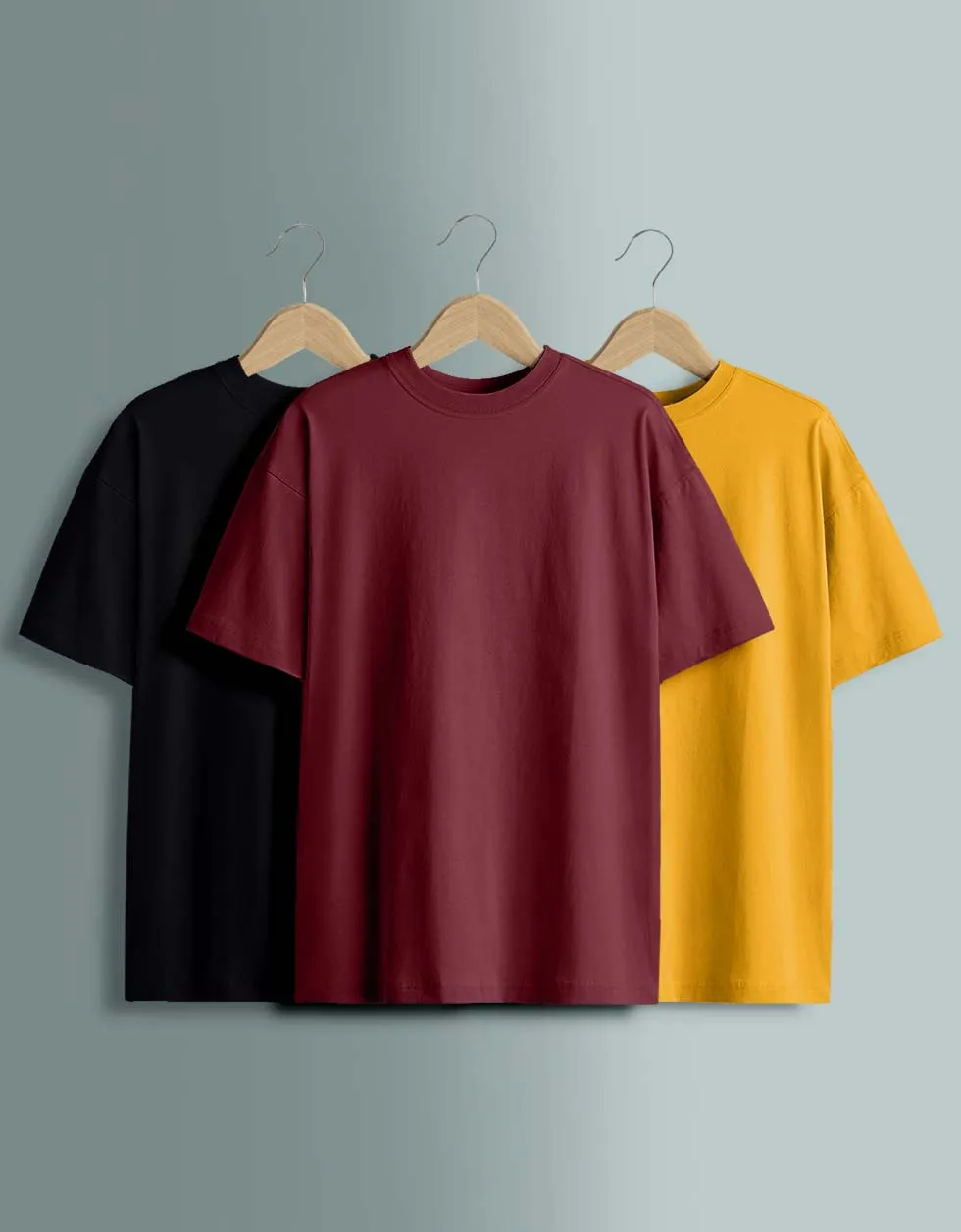 Pack of 3 Solid Oversized T-shirts: Black & Mustard & Maroon