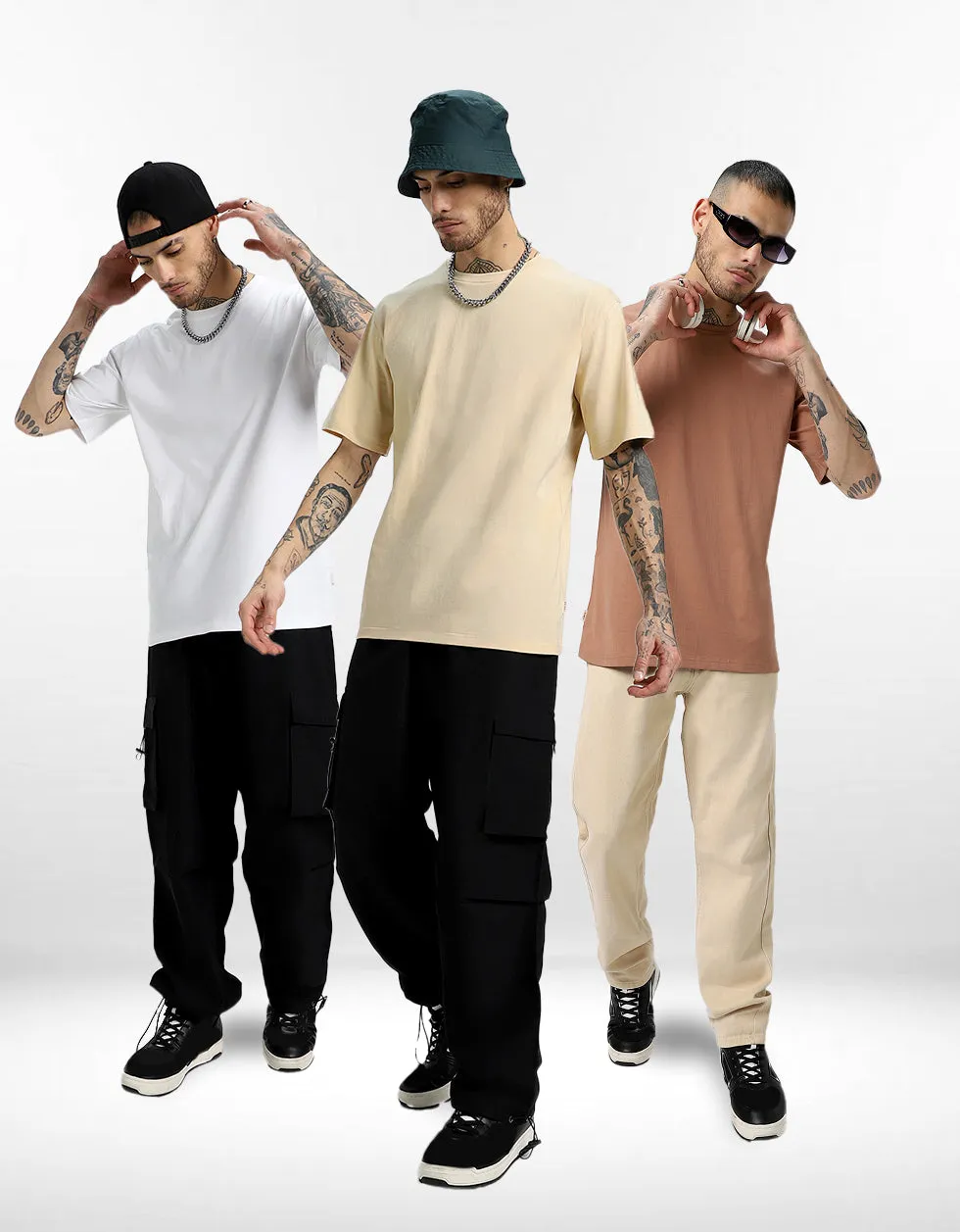 Pack of 3 Solid Oversized T-shirts: White, Swan White, Cork