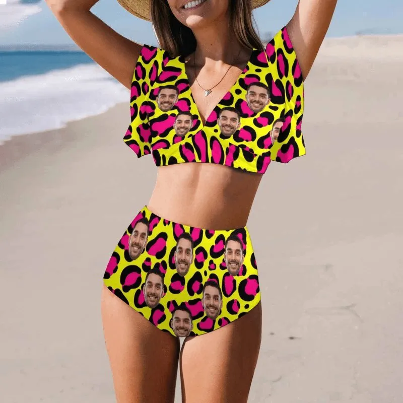 #Plus Size Custom Face Yellow and Pink Leopard Women Ruffle High Waisted Flounce Bikini Set Two Pieces Swimsuit Beachwear