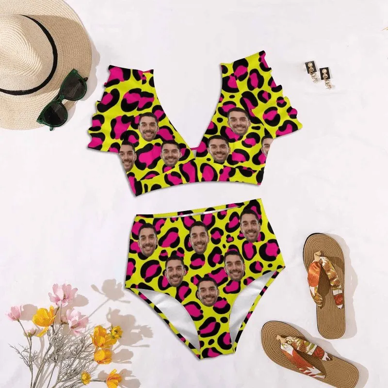 #Plus Size Custom Face Yellow and Pink Leopard Women Ruffle High Waisted Flounce Bikini Set Two Pieces Swimsuit Beachwear