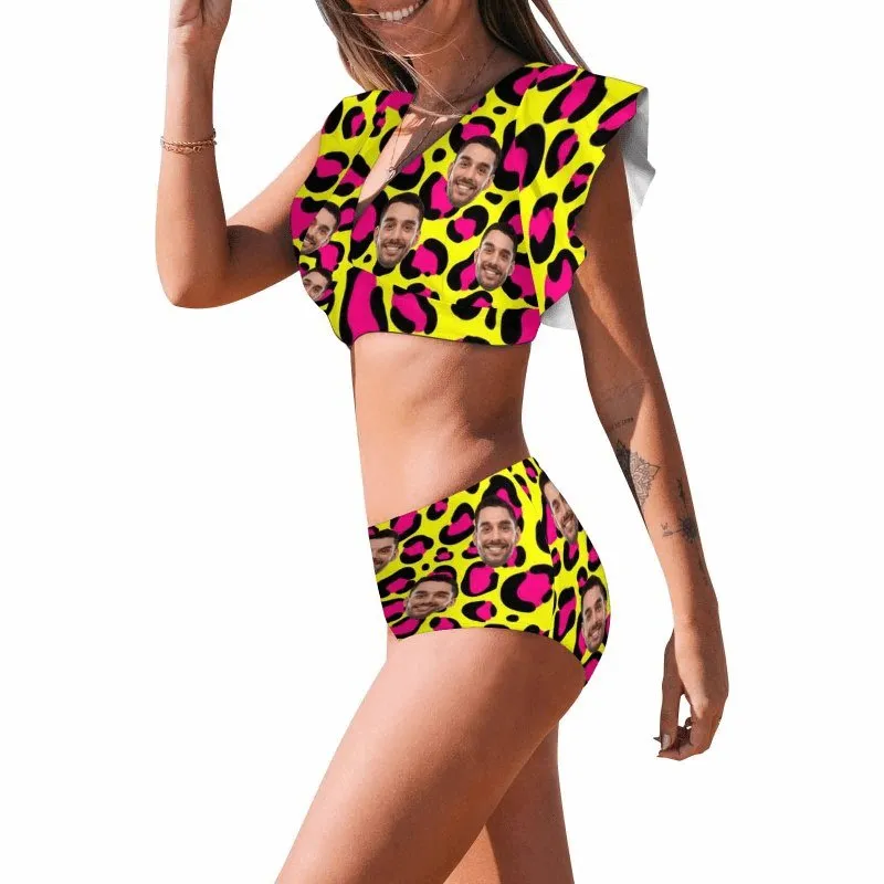 #Plus Size Custom Face Yellow and Pink Leopard Women Ruffle High Waisted Flounce Bikini Set Two Pieces Swimsuit Beachwear