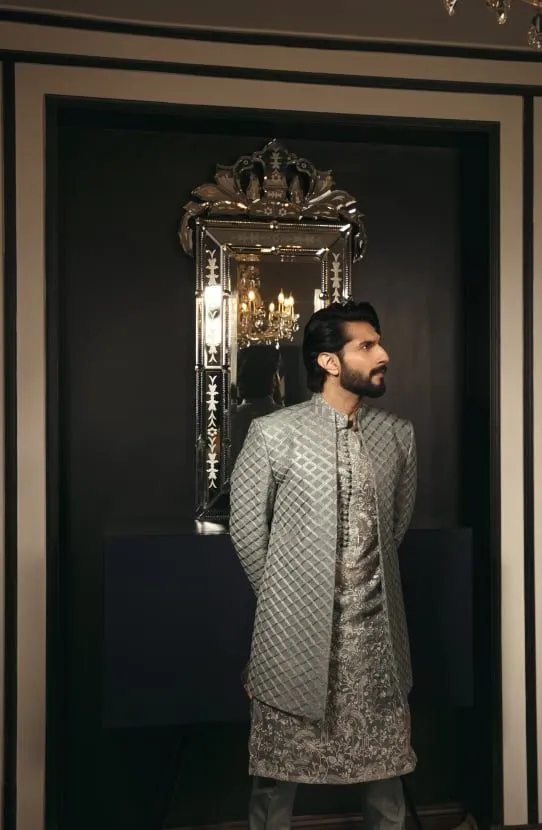 Prince Coat Paired with Embroidered Kurta and Raw Silk Pants