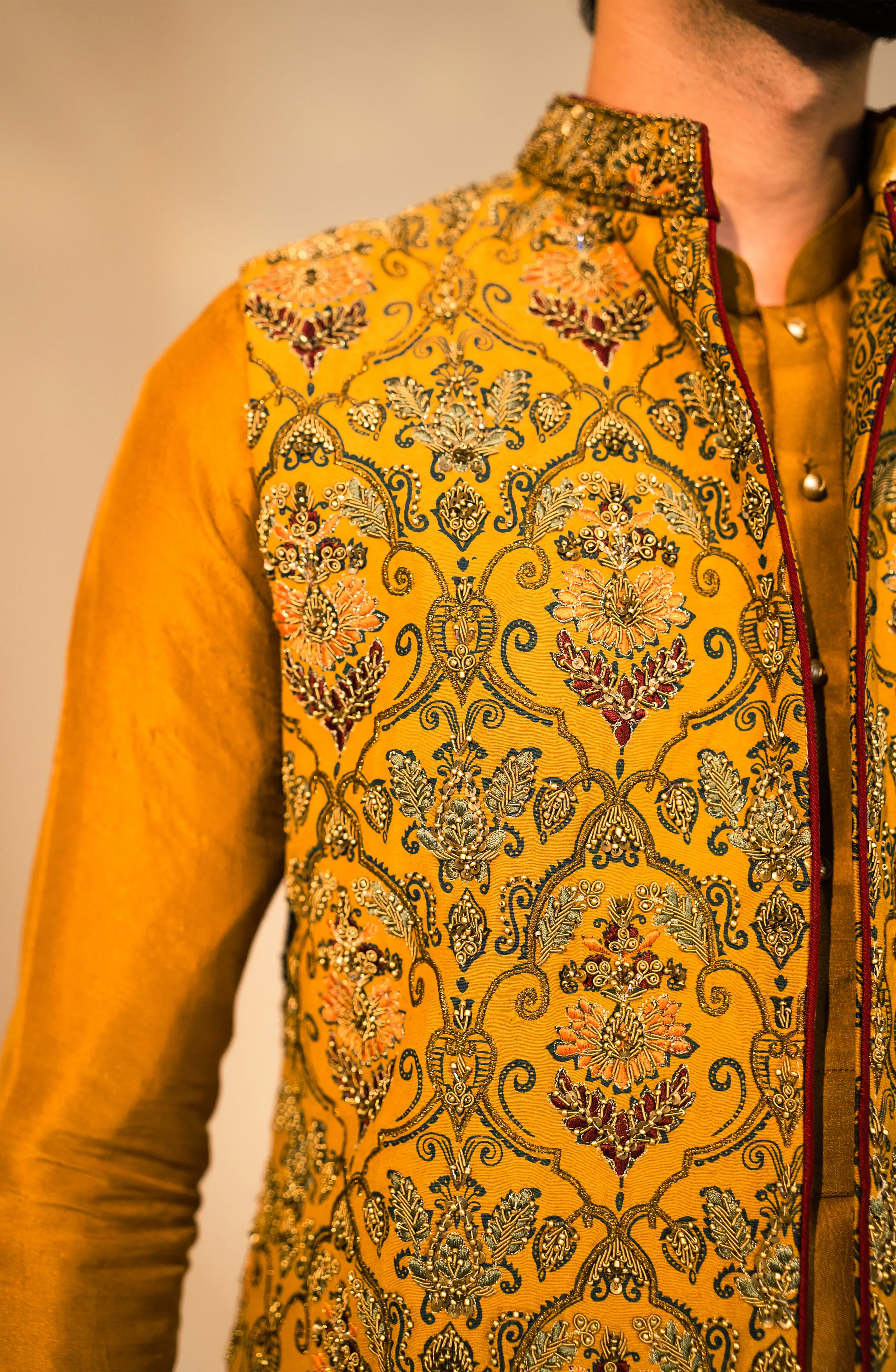 Rangsaaz - Embroidered Waistcoat in Mustard Paired with Kurta and Pants