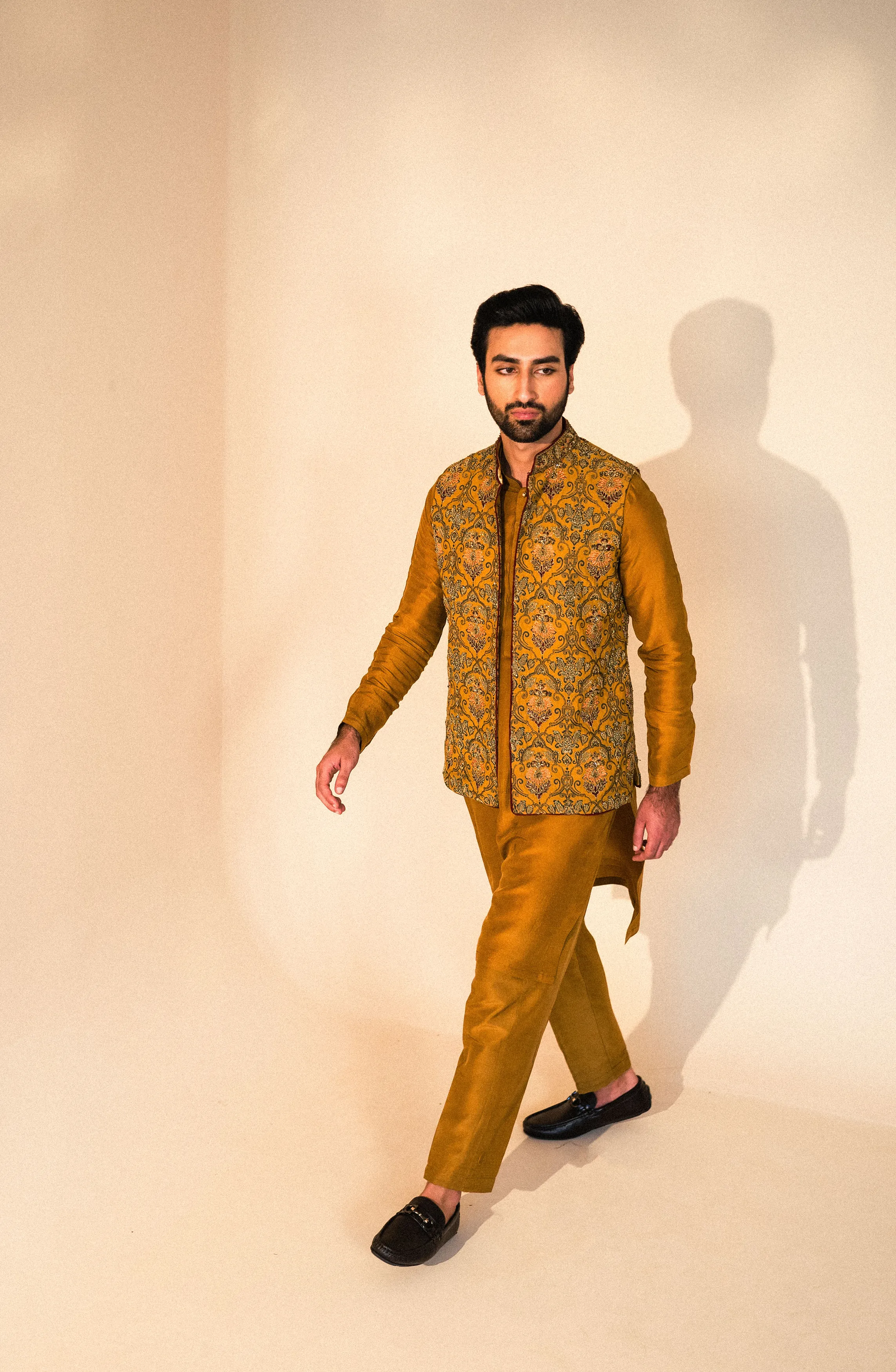 Rangsaaz - Embroidered Waistcoat in Mustard Paired with Kurta and Pants