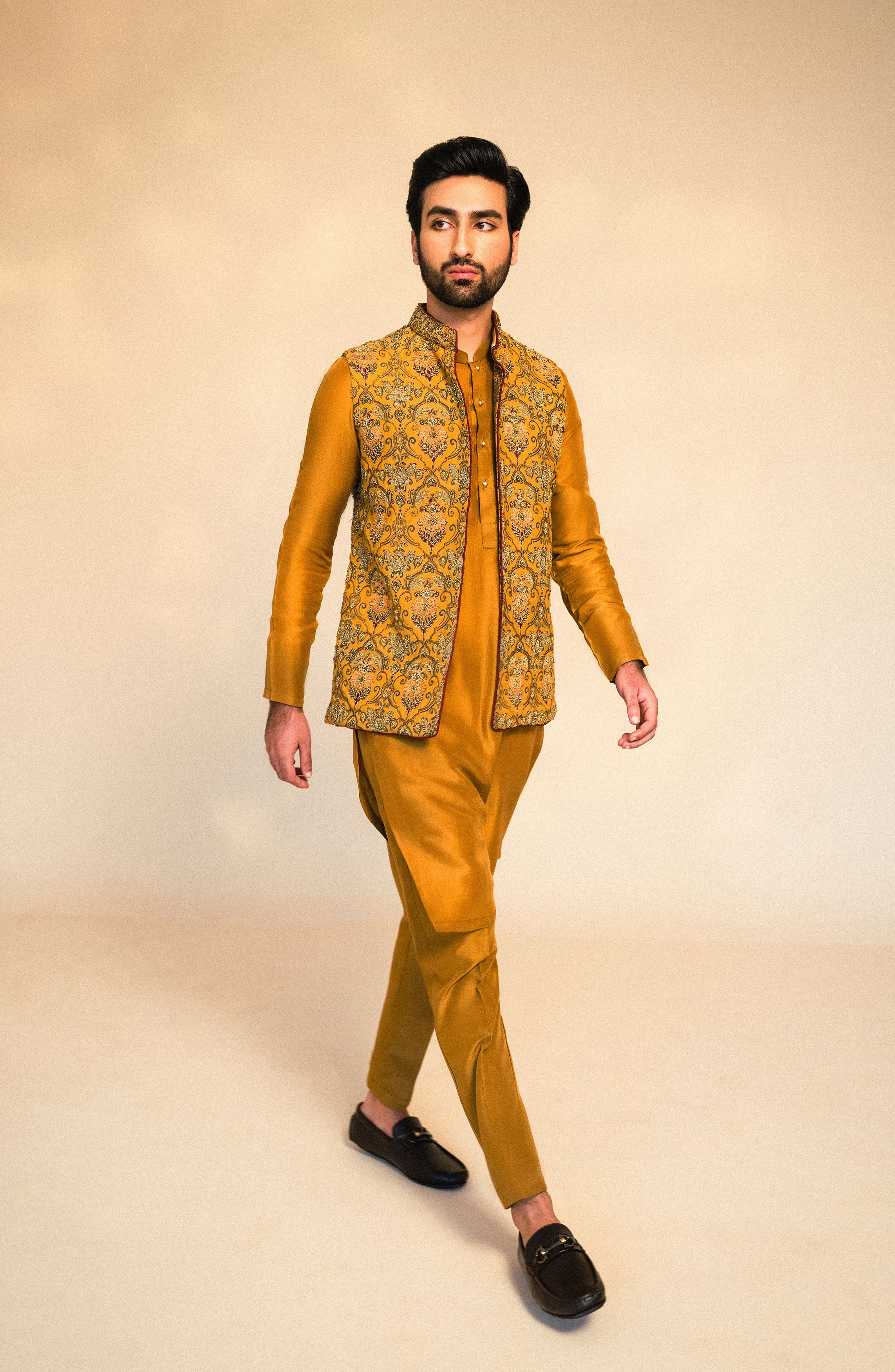 Rangsaaz - Embroidered Waistcoat in Mustard Paired with Kurta and Pants