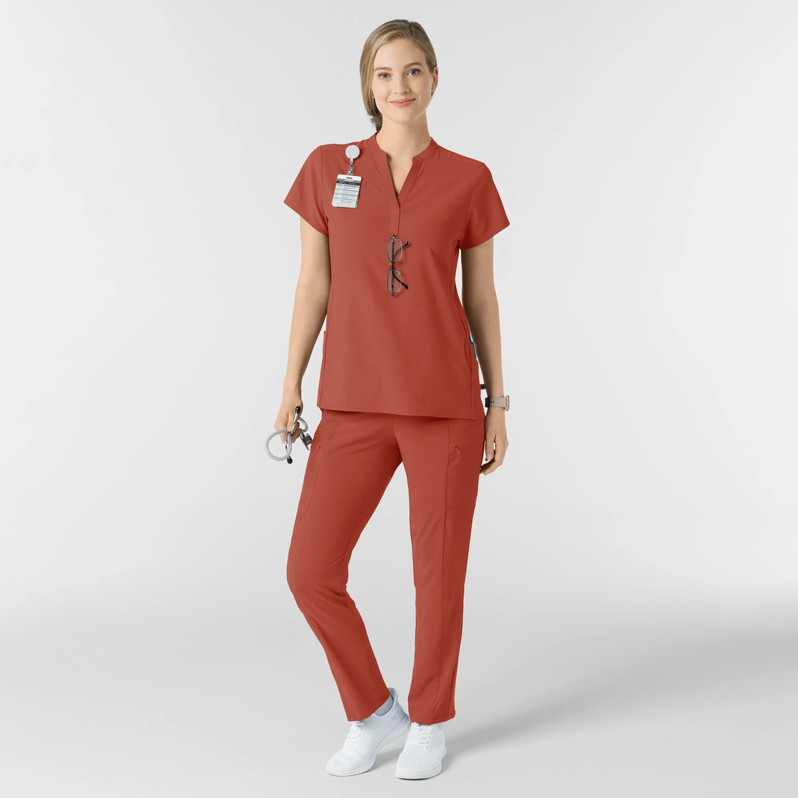 RENEW Women's Mandarin Collar Scrub Top - Mineral Red