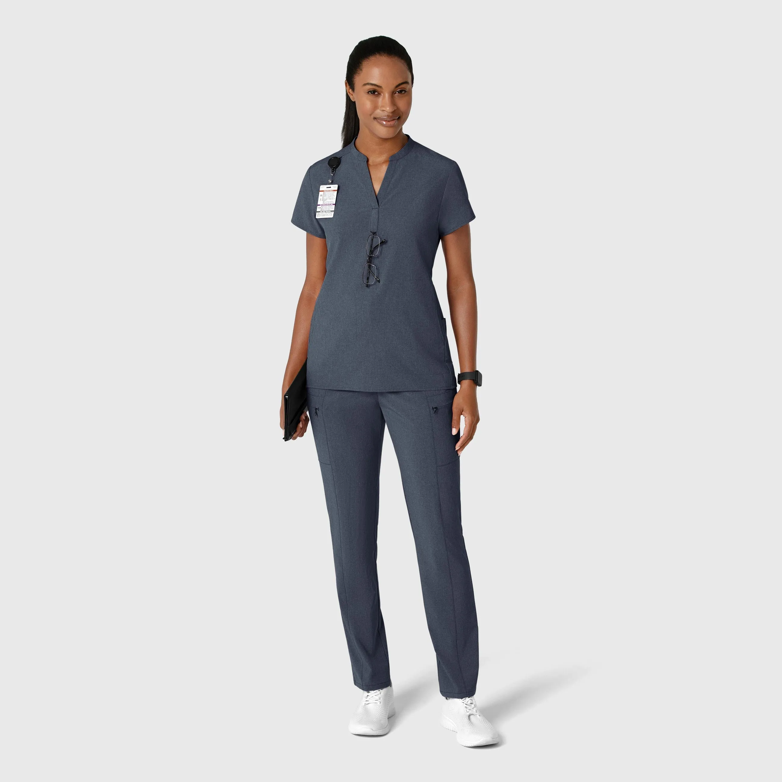 RENEW Women's Mandarin Collar Scrub Top - Navy Heather