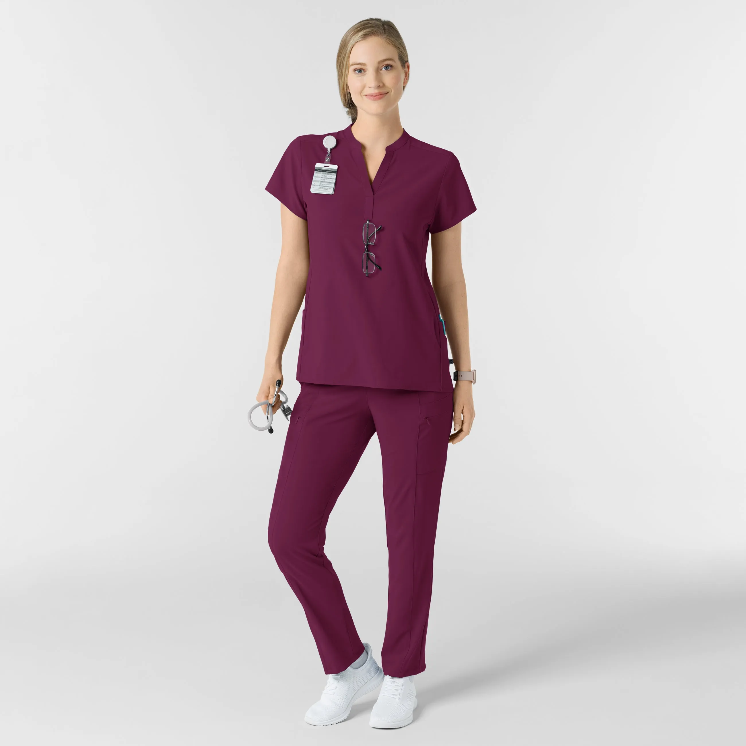 RENEW Women's Mandarin Collar Scrub Top - Wine