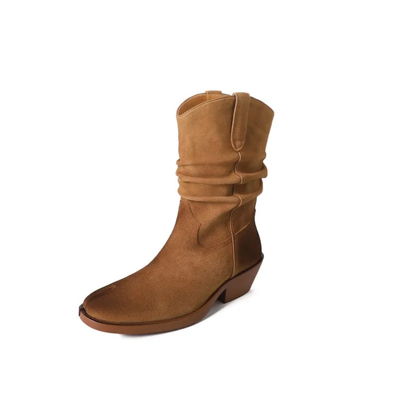 Split Toe Mid Calf Boots for Women Folding Western Boot In Black/Camel