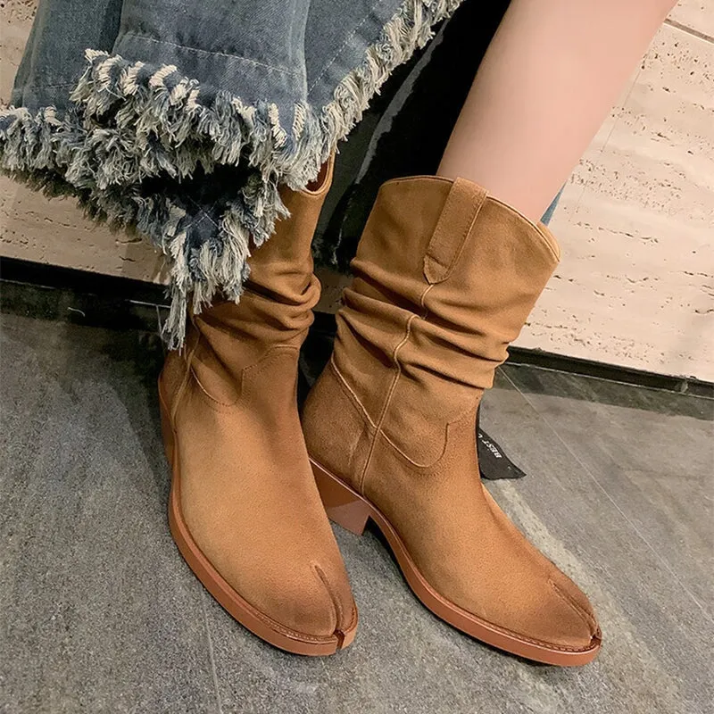 Split Toe Mid Calf Boots for Women Folding Western Boot In Black/Camel