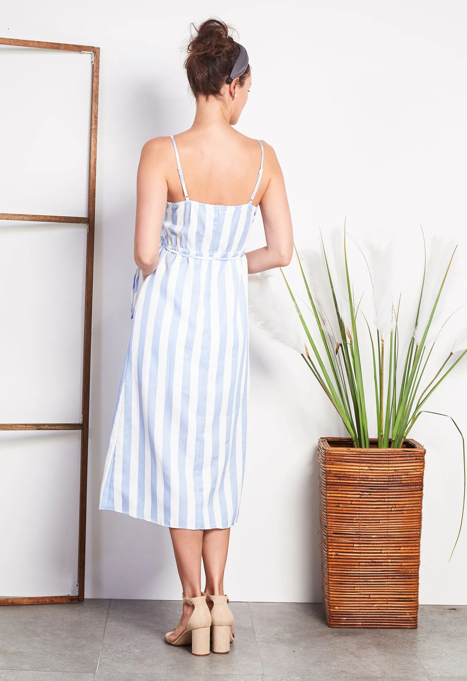 Stripe Side-Ruffle Strappy Dress