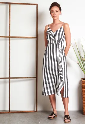 Stripe Side-Ruffle Strappy Dress