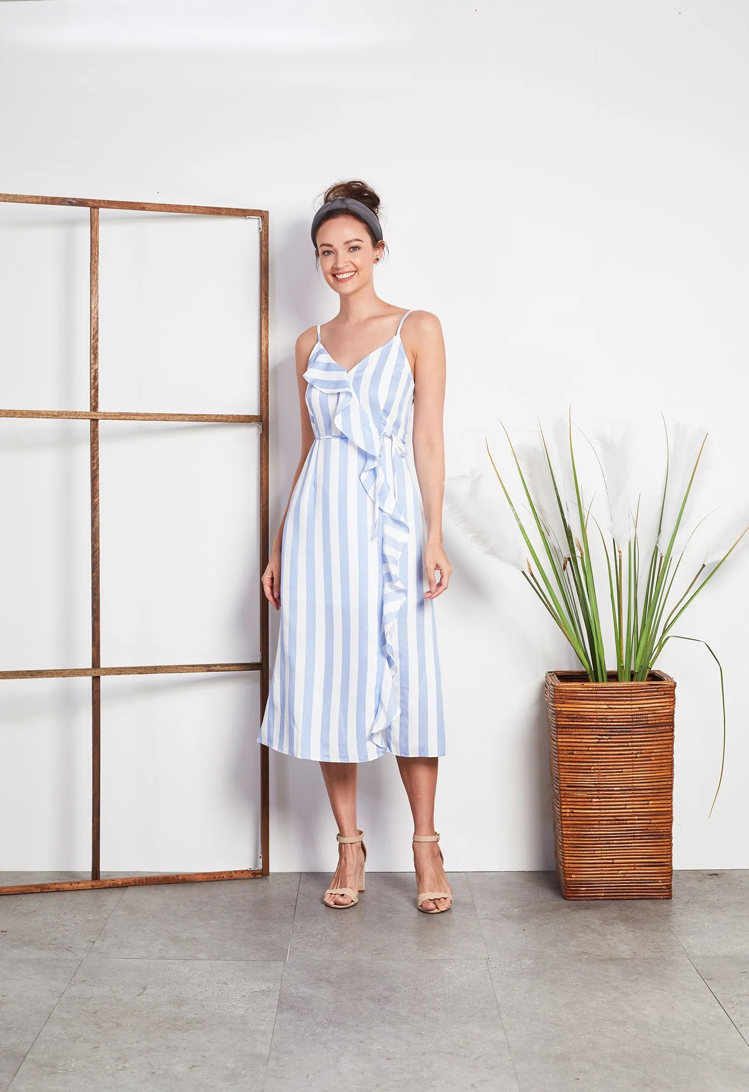 Stripe Side-Ruffle Strappy Dress