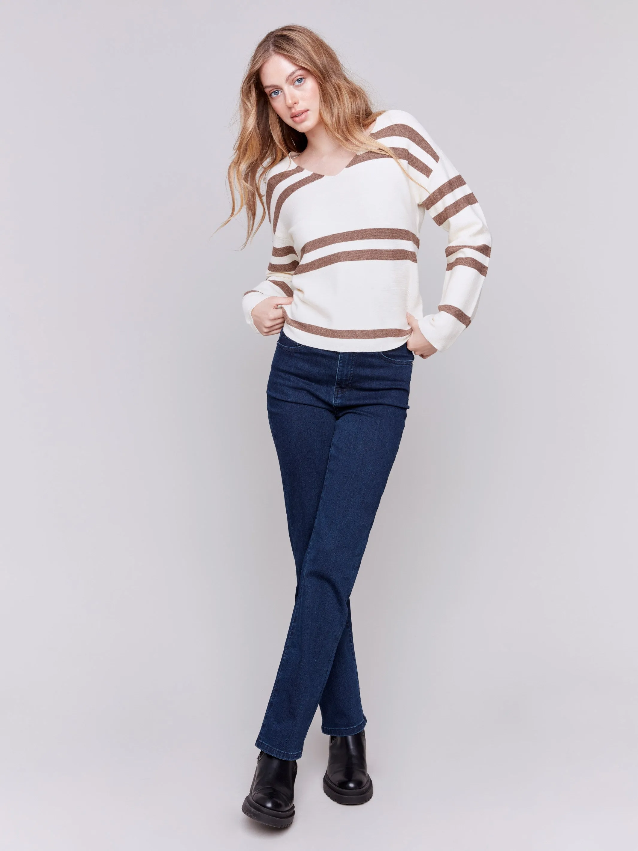 Striped Sweater with V-Neck - Ecru