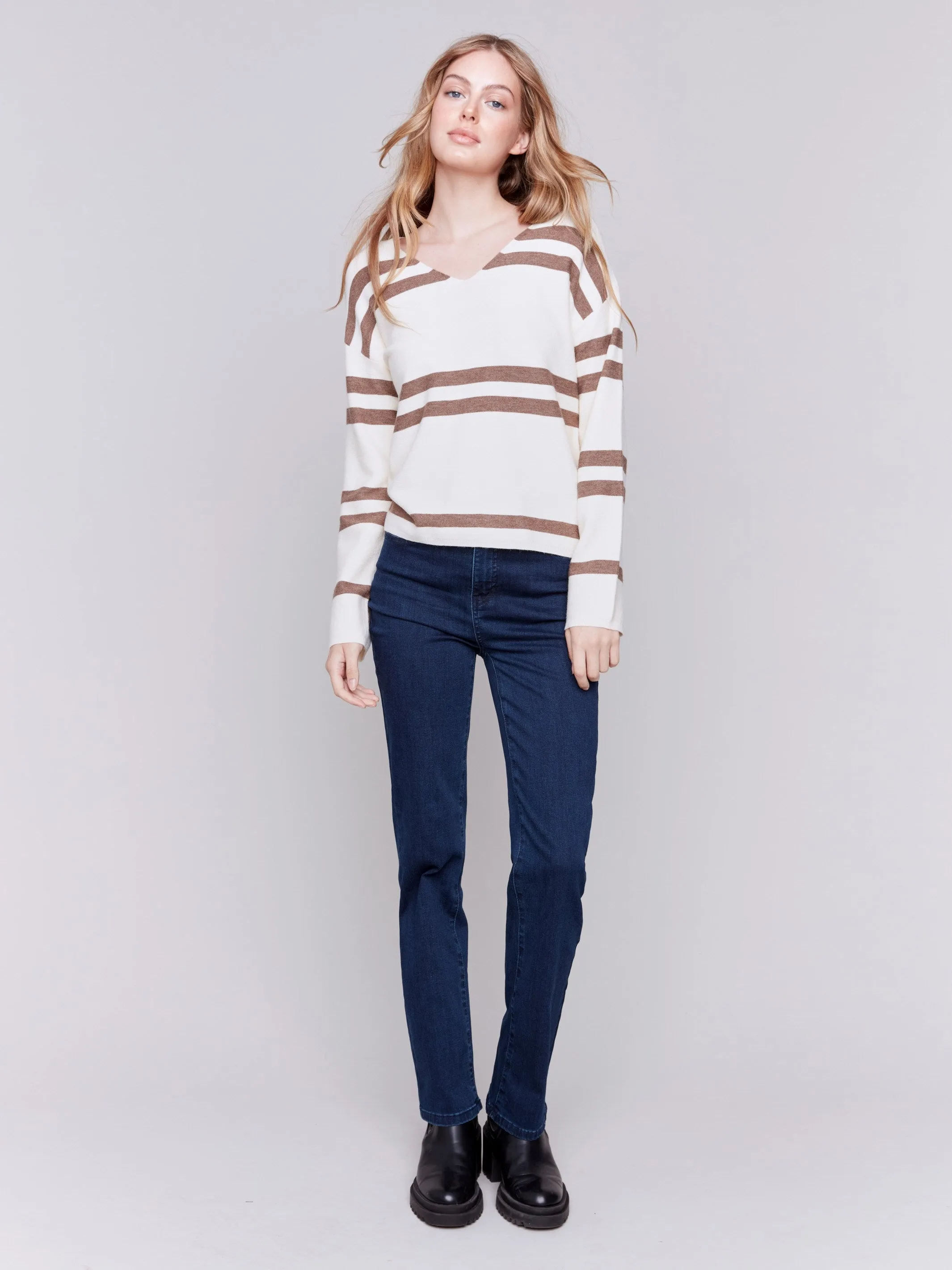 Striped Sweater with V-Neck - Ecru