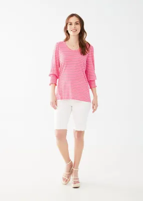 Striped V-Neck Top With Smocked Cuffs