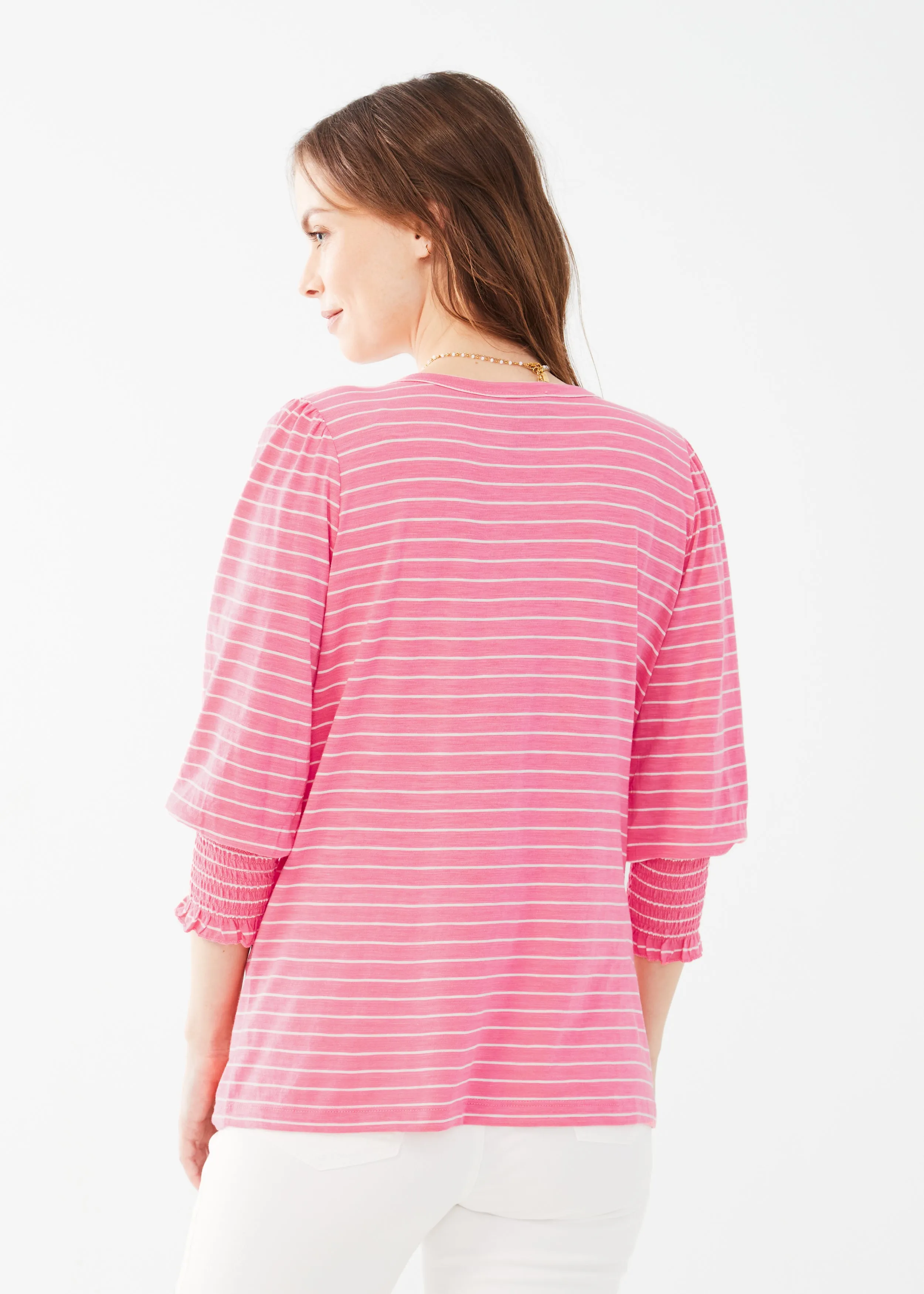 Striped V-Neck Top With Smocked Cuffs