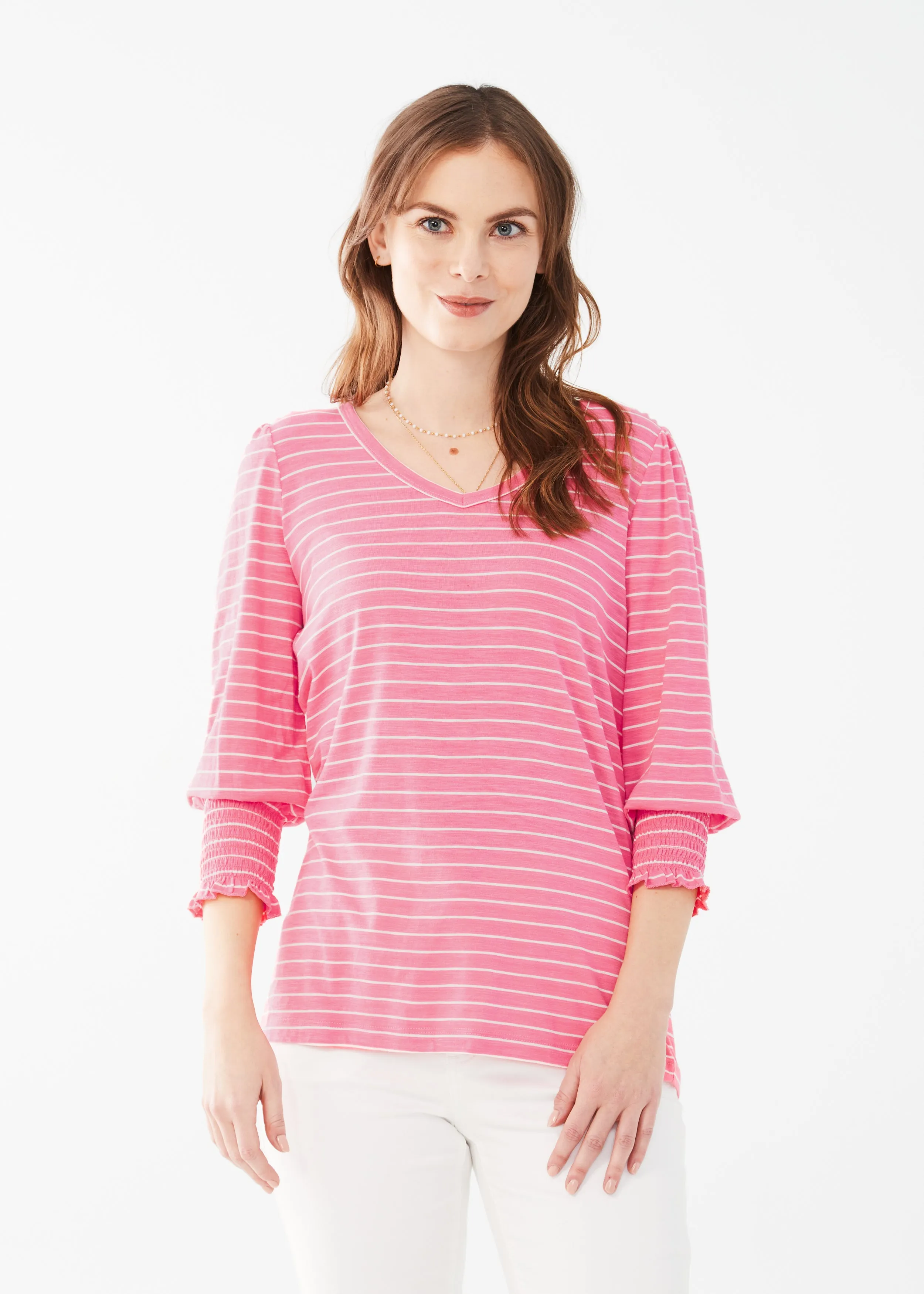 Striped V-Neck Top With Smocked Cuffs