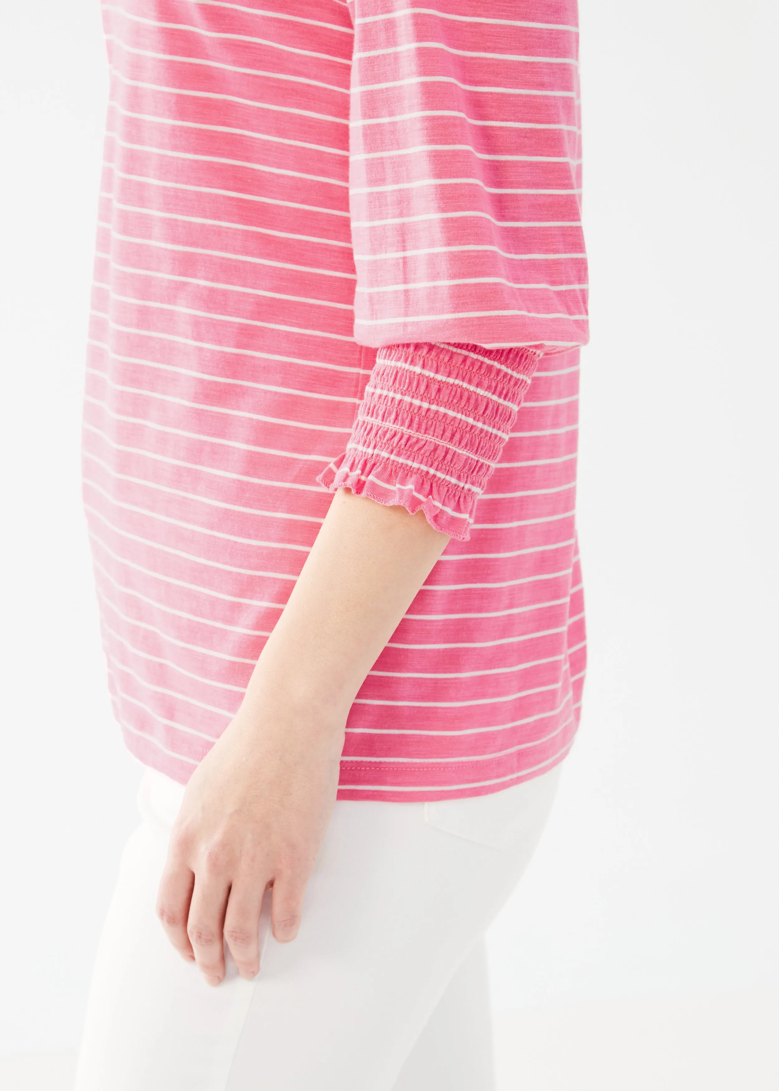 Striped V-Neck Top With Smocked Cuffs