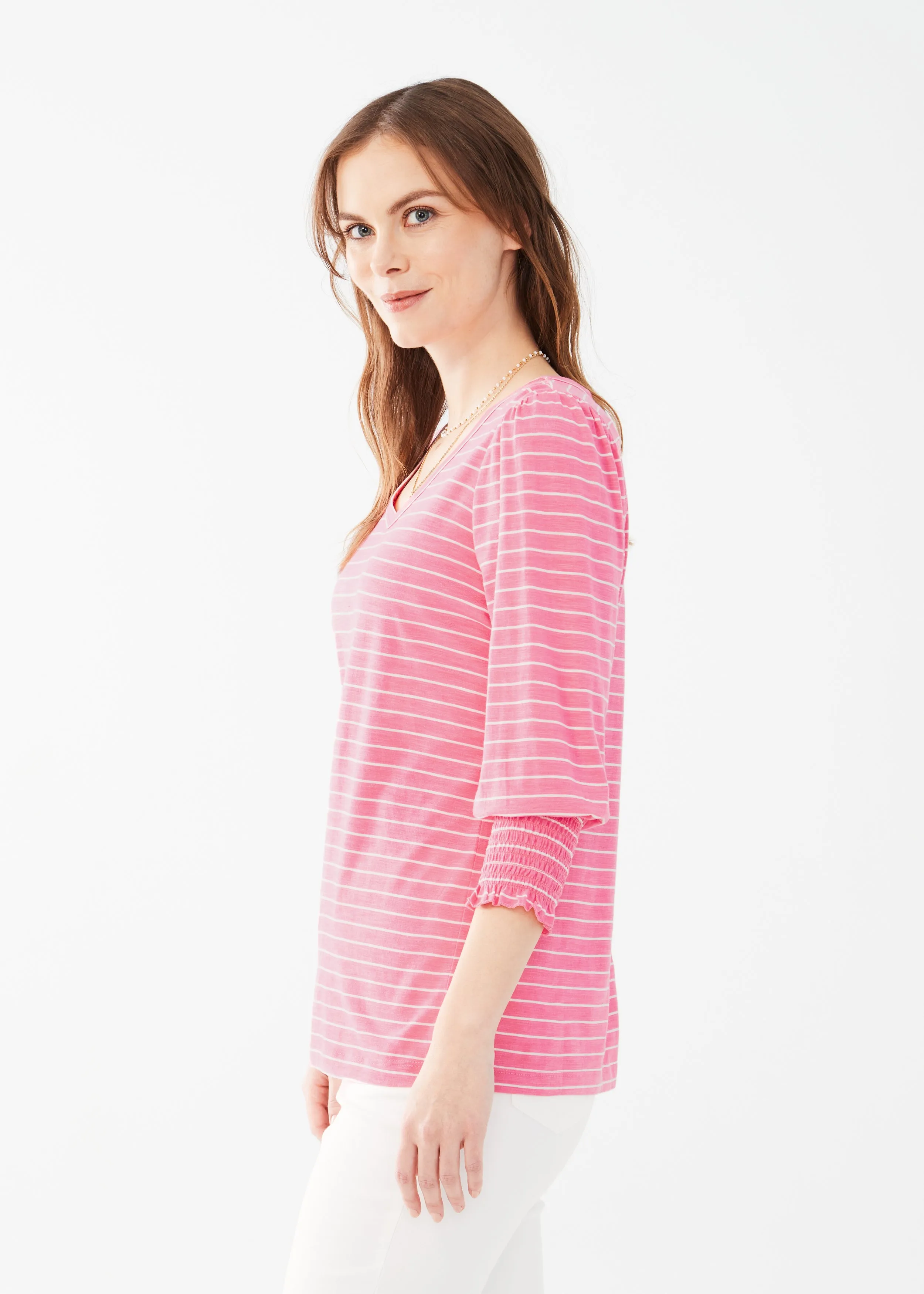 Striped V-Neck Top With Smocked Cuffs