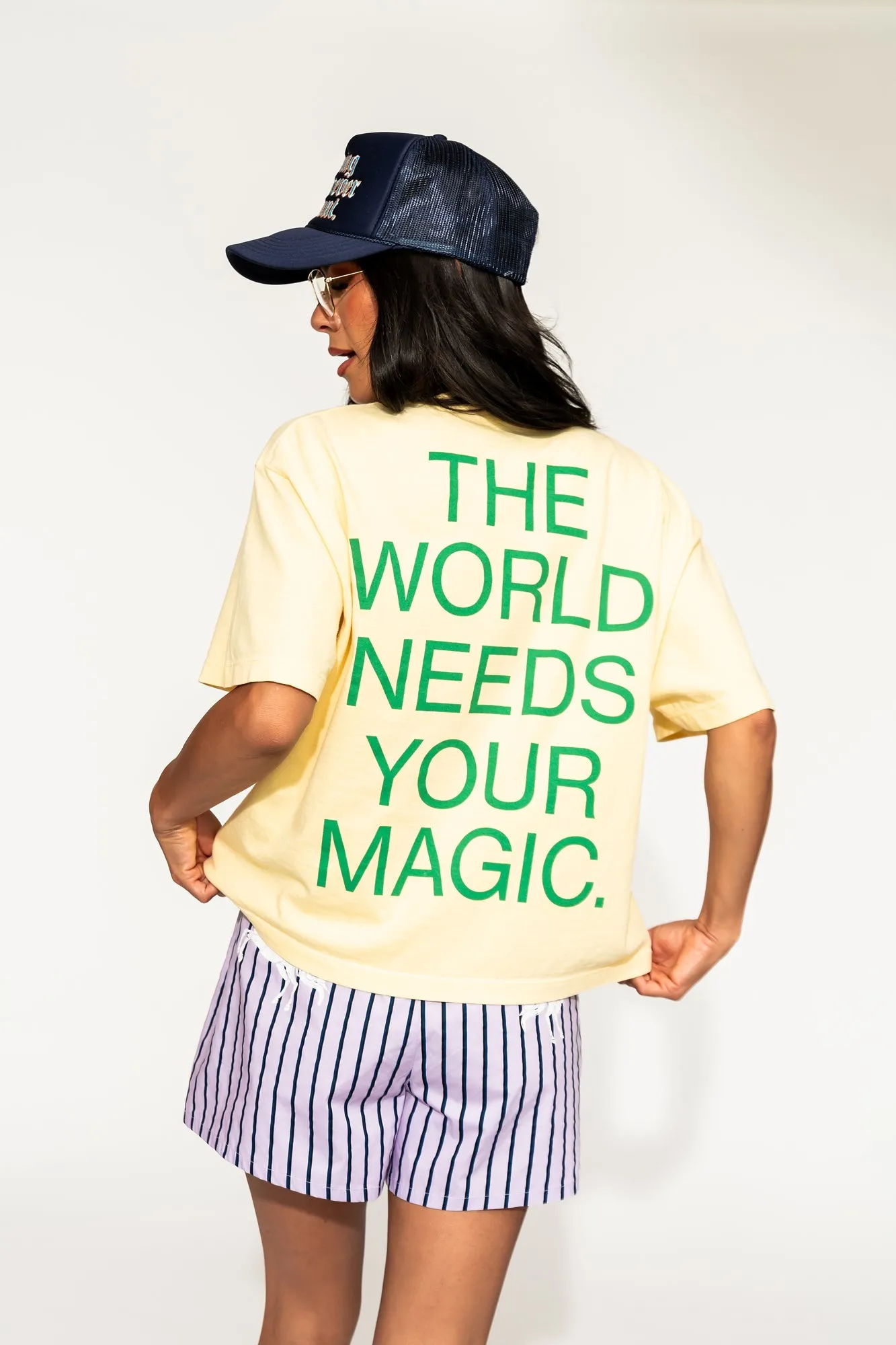 The World Needs Your Magic Crop Tee in Butter Yellow   Green