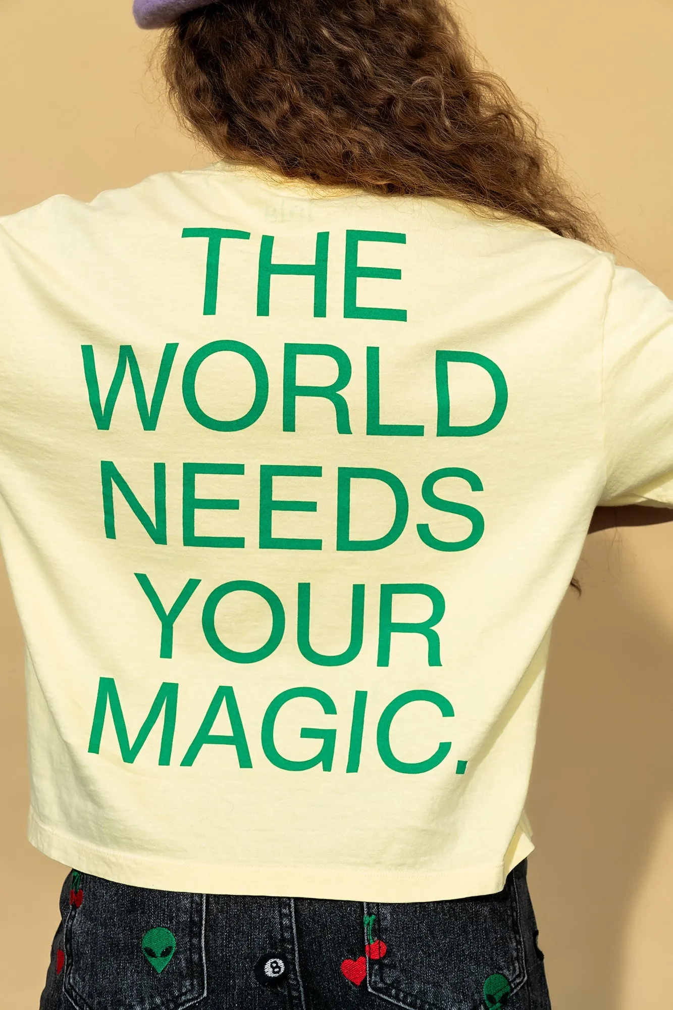 The World Needs Your Magic Crop Tee in Butter Yellow   Green