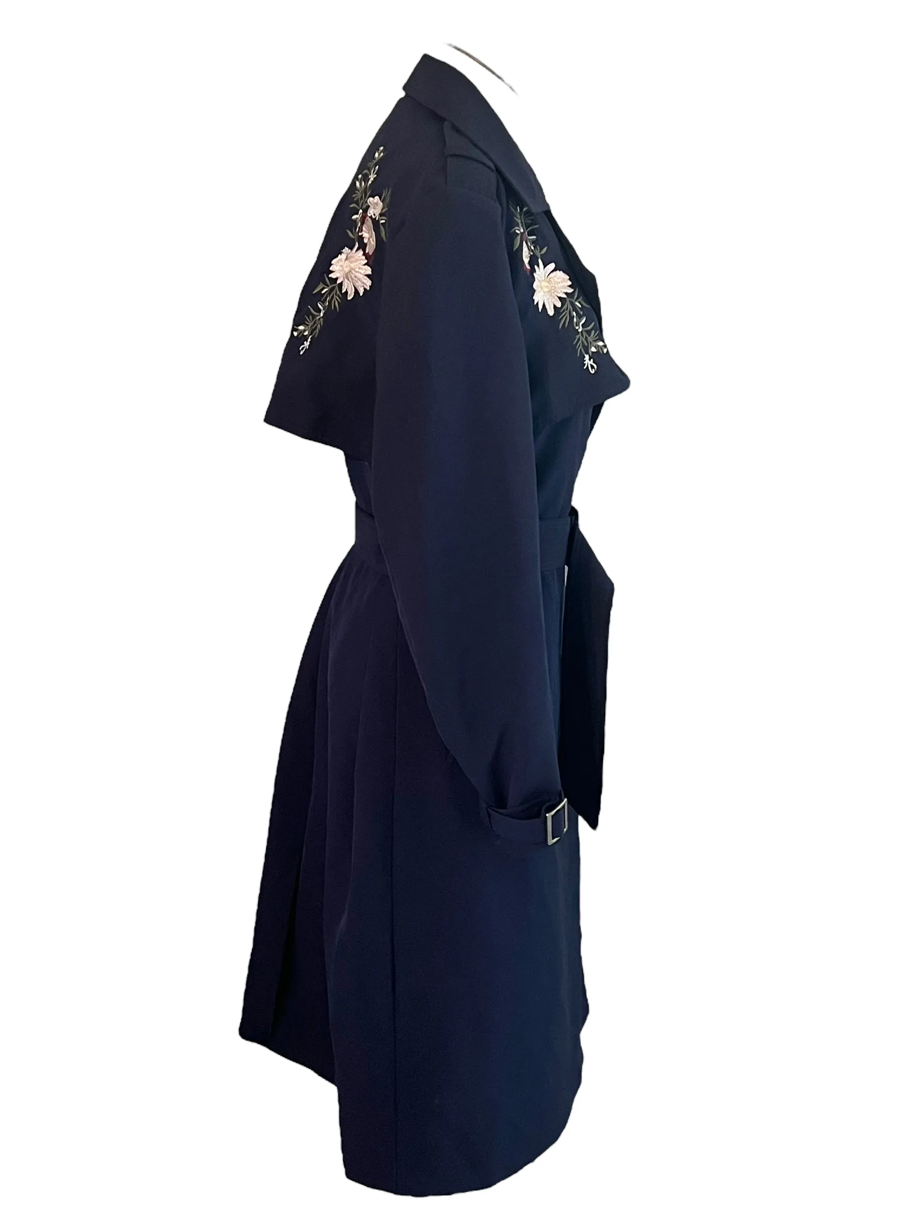 Vero Moda Classic Size M/L Navy Candy Embroidered Floral Trench Coat