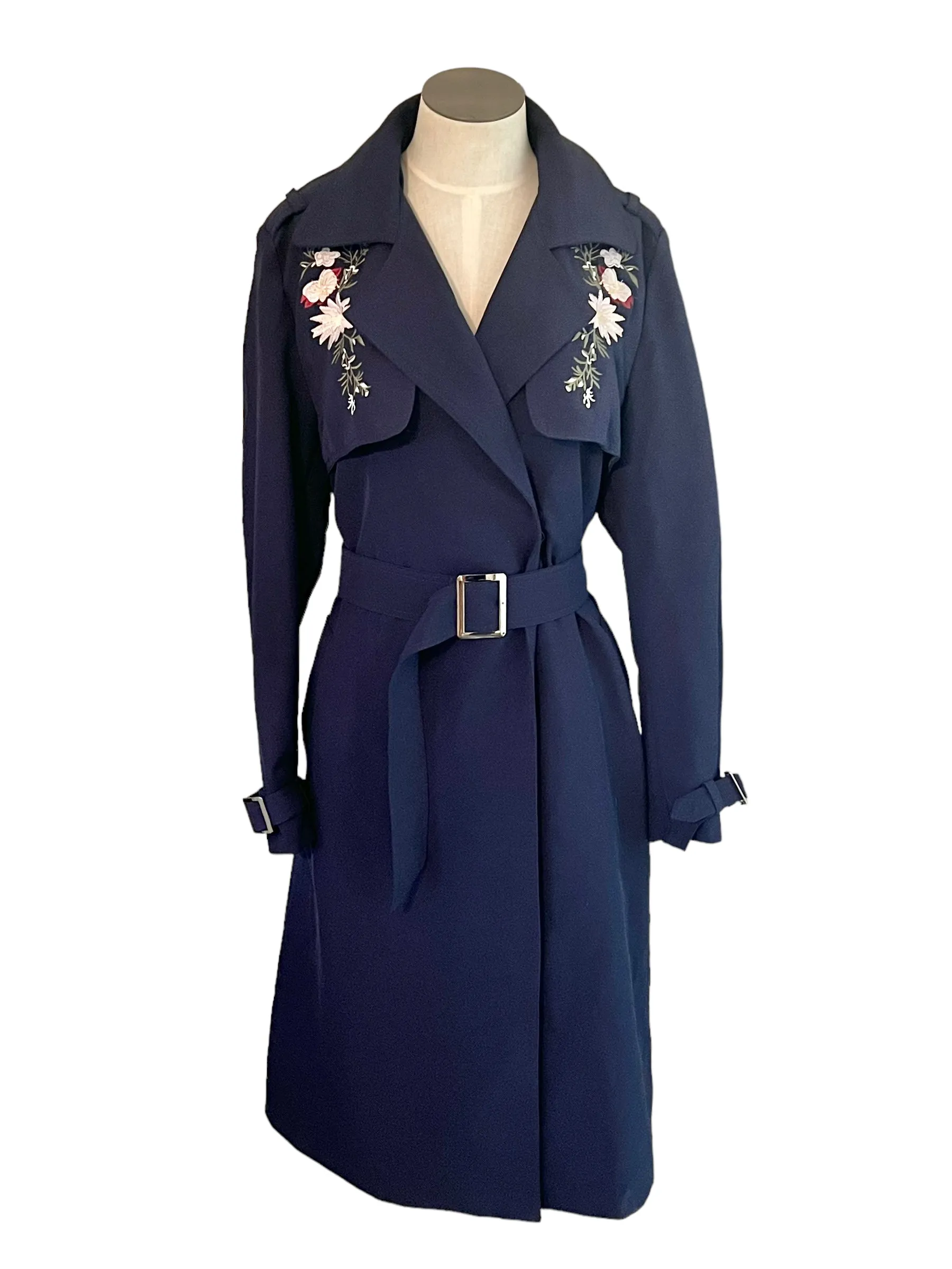 Vero Moda Classic Size M/L Navy Candy Embroidered Floral Trench Coat