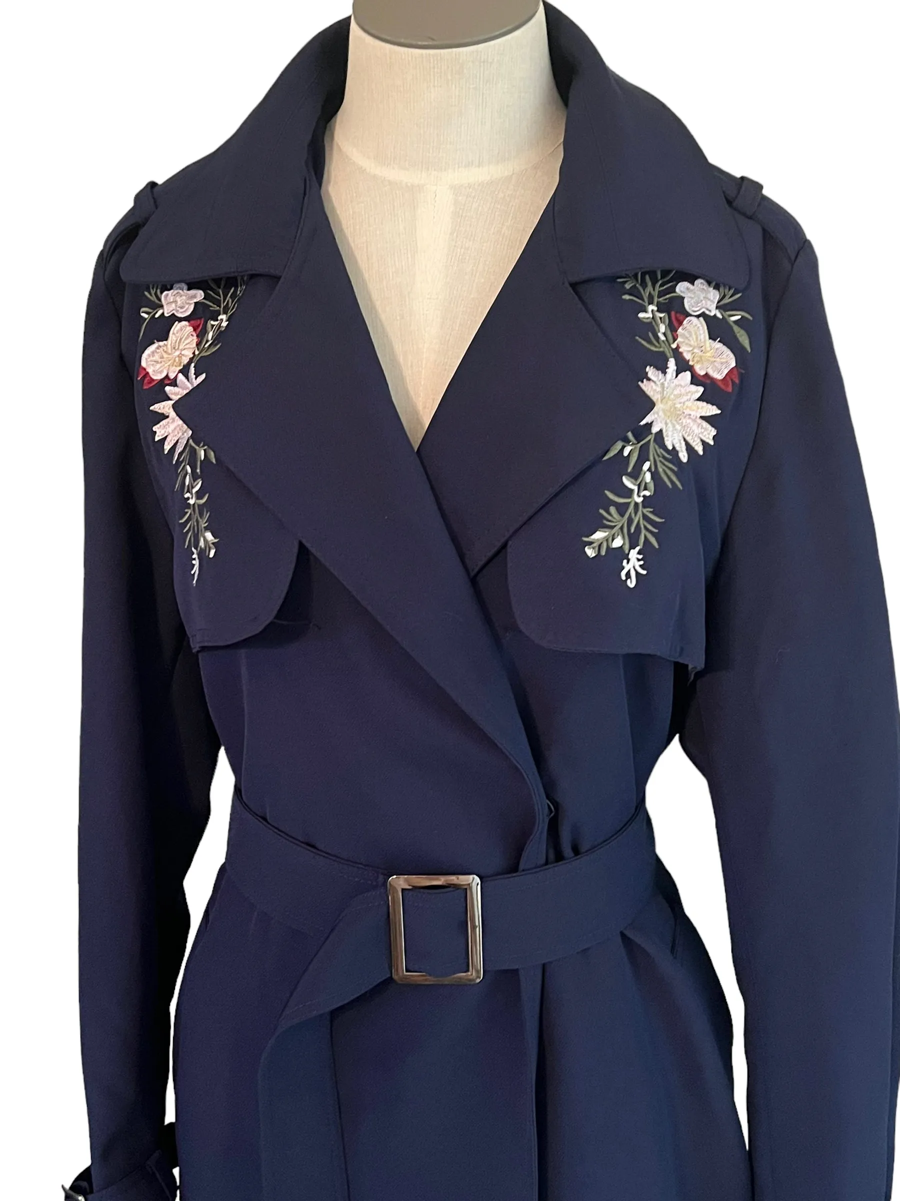 Vero Moda Classic Size M/L Navy Candy Embroidered Floral Trench Coat