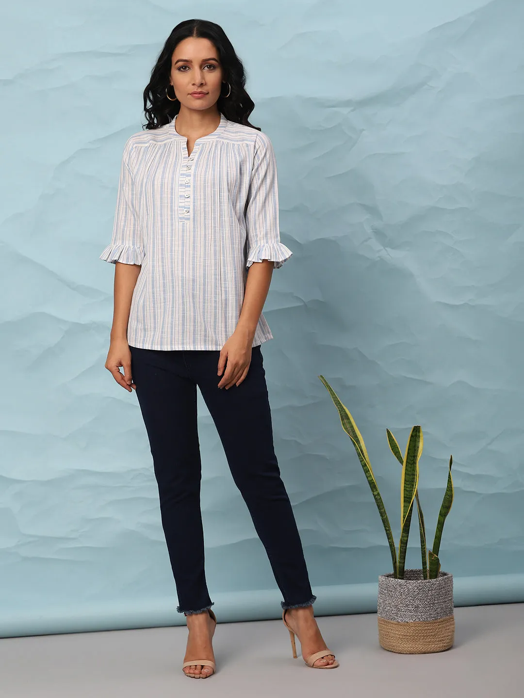 White Cotton Slub Striped Straight Top